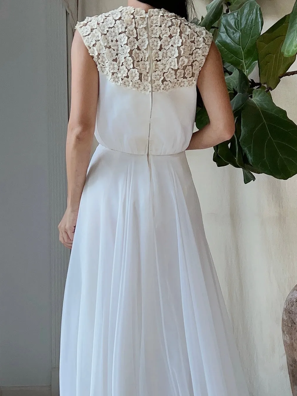 1960s Flower Applique Chiffon Dress - S