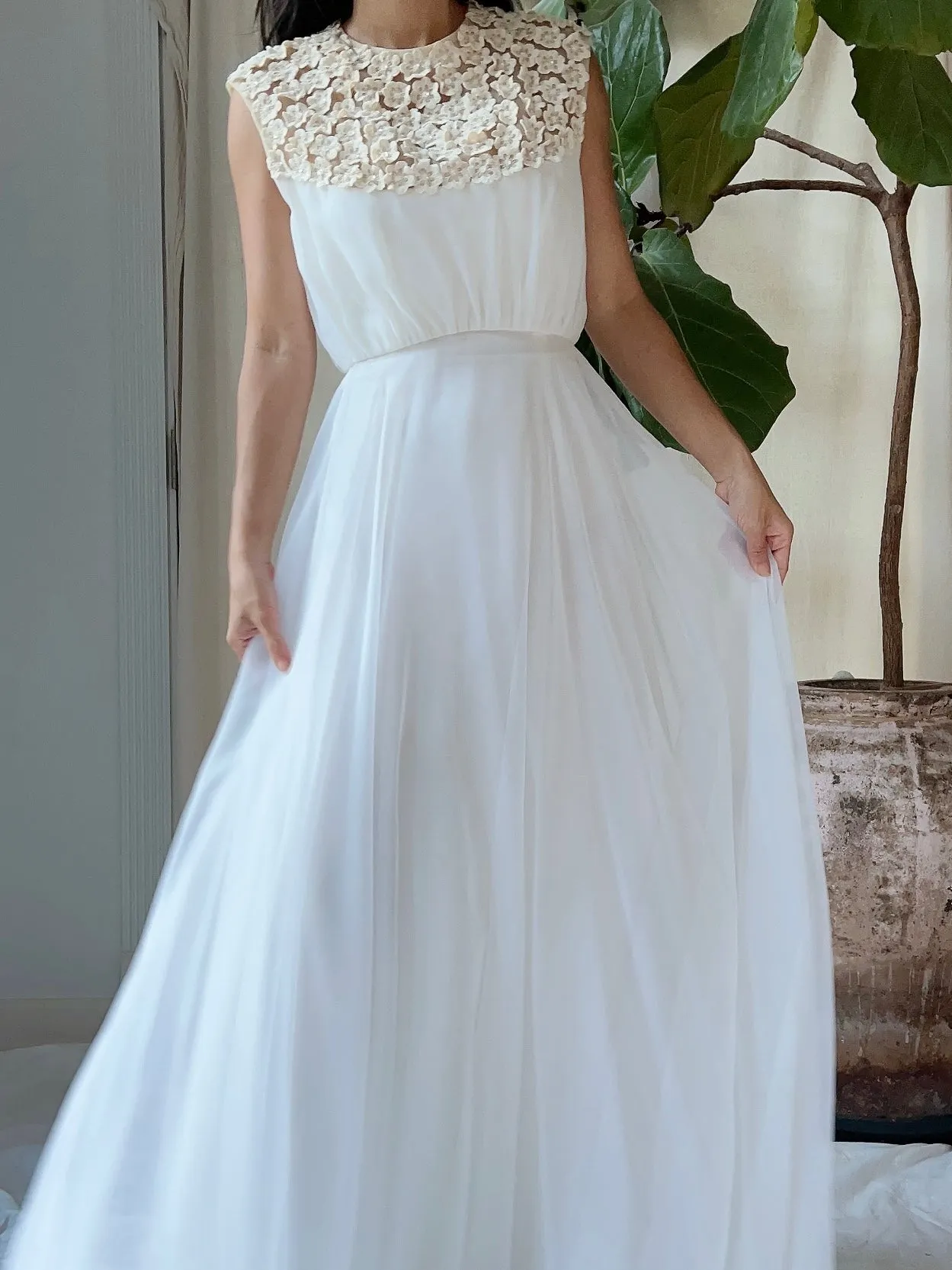 1960s Flower Applique Chiffon Dress - S