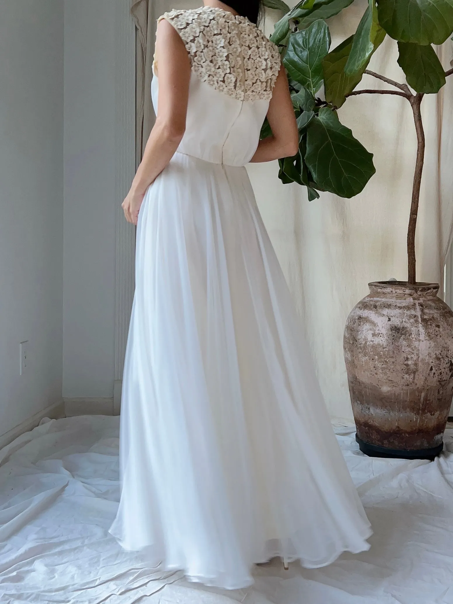 1960s Flower Applique Chiffon Dress - S