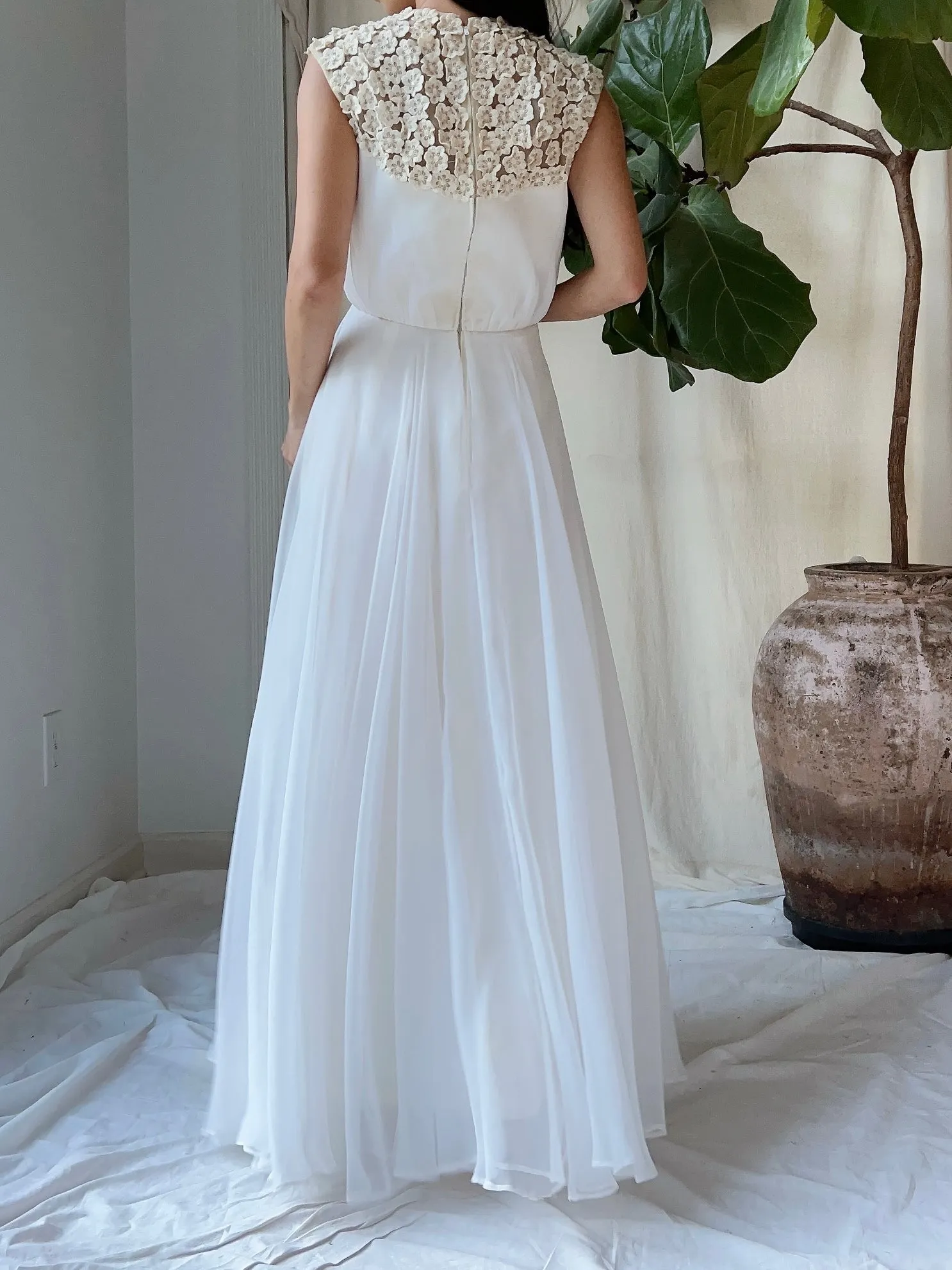 1960s Flower Applique Chiffon Dress - S