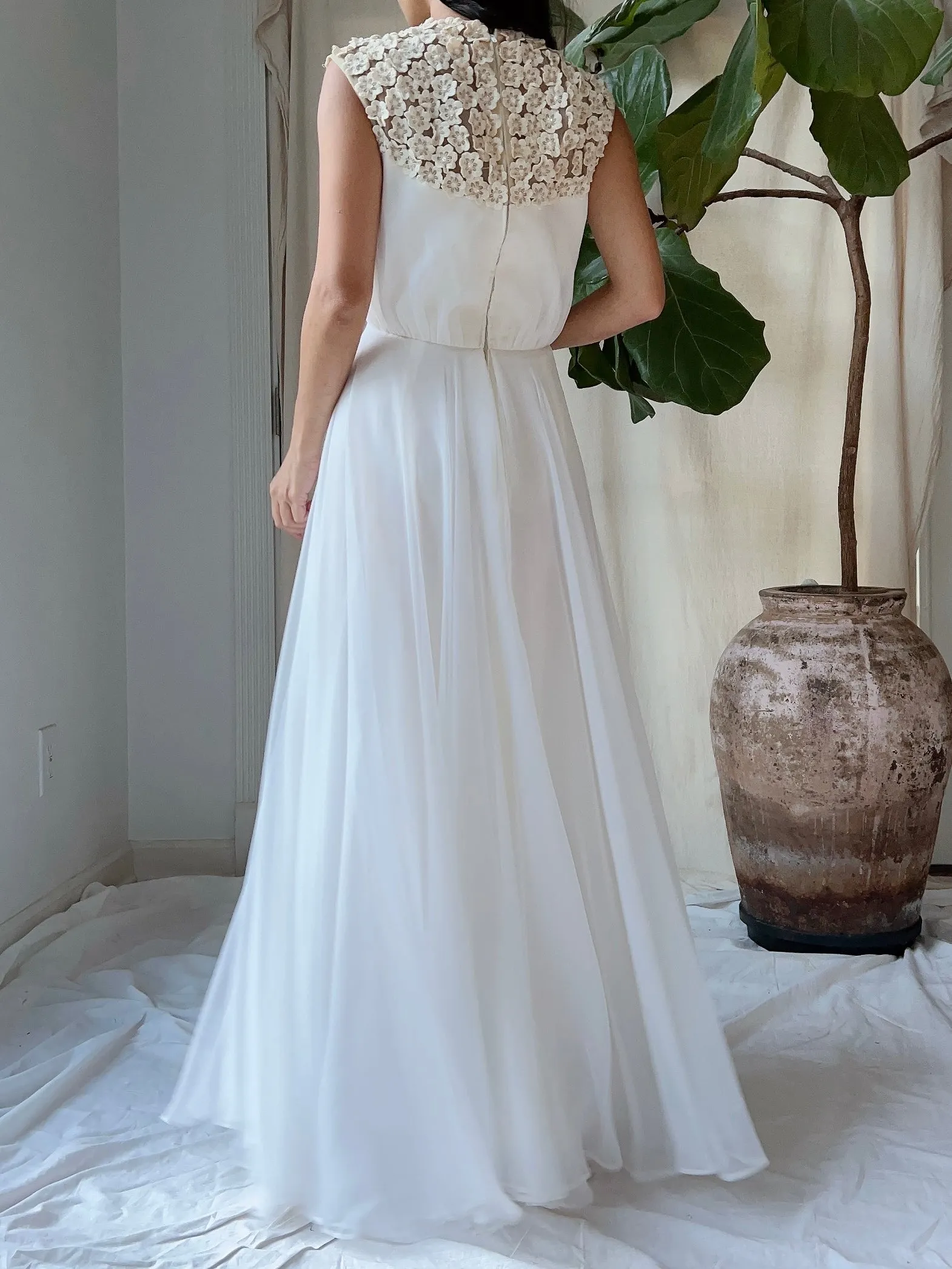 1960s Flower Applique Chiffon Dress - S