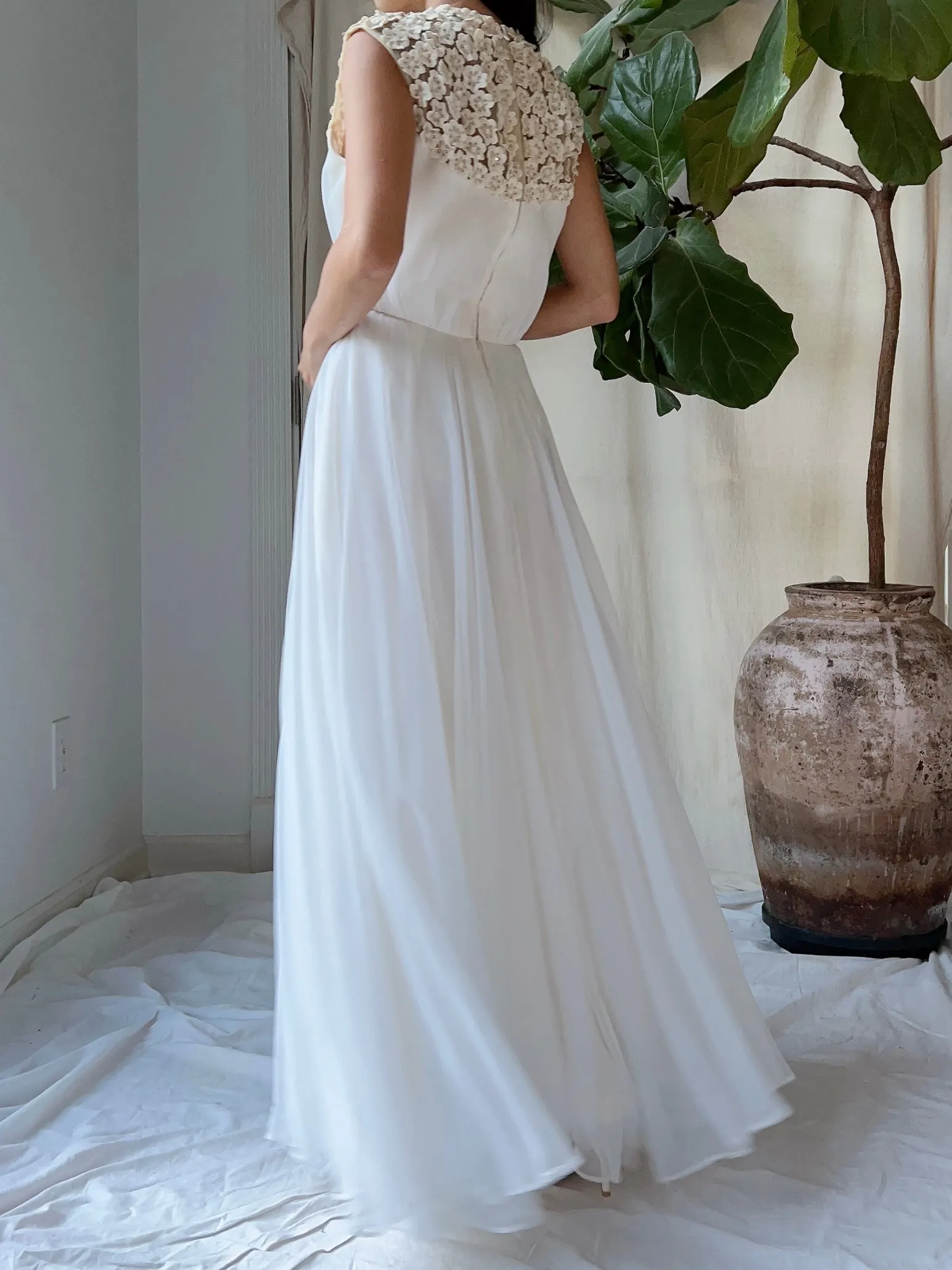 1960s Flower Applique Chiffon Dress - S
