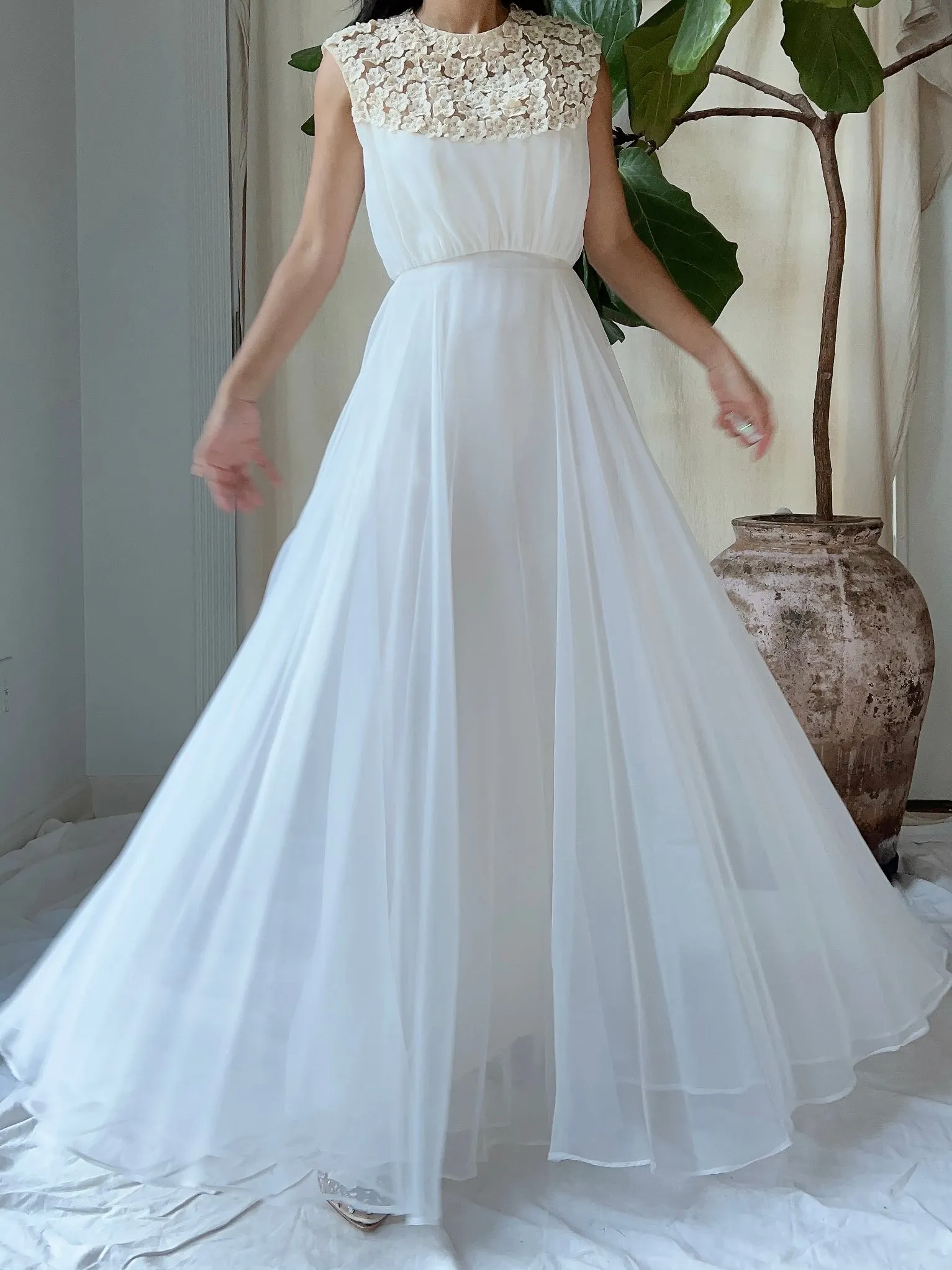 1960s Flower Applique Chiffon Dress - S