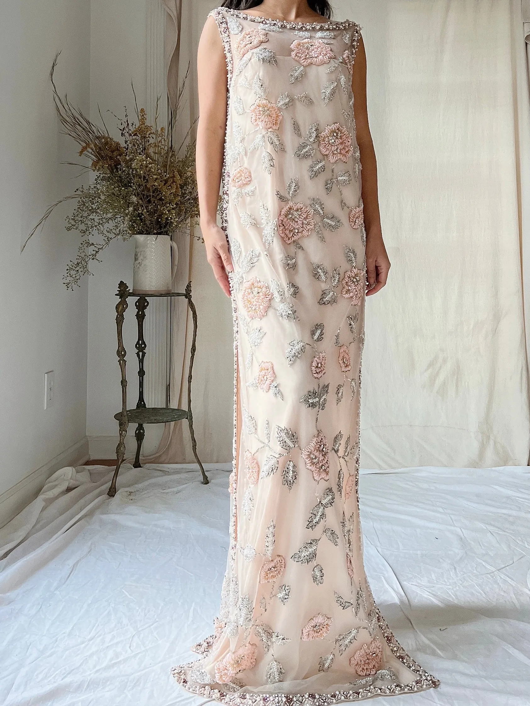 1960s Hand Beaded Tulle Dress - S/M