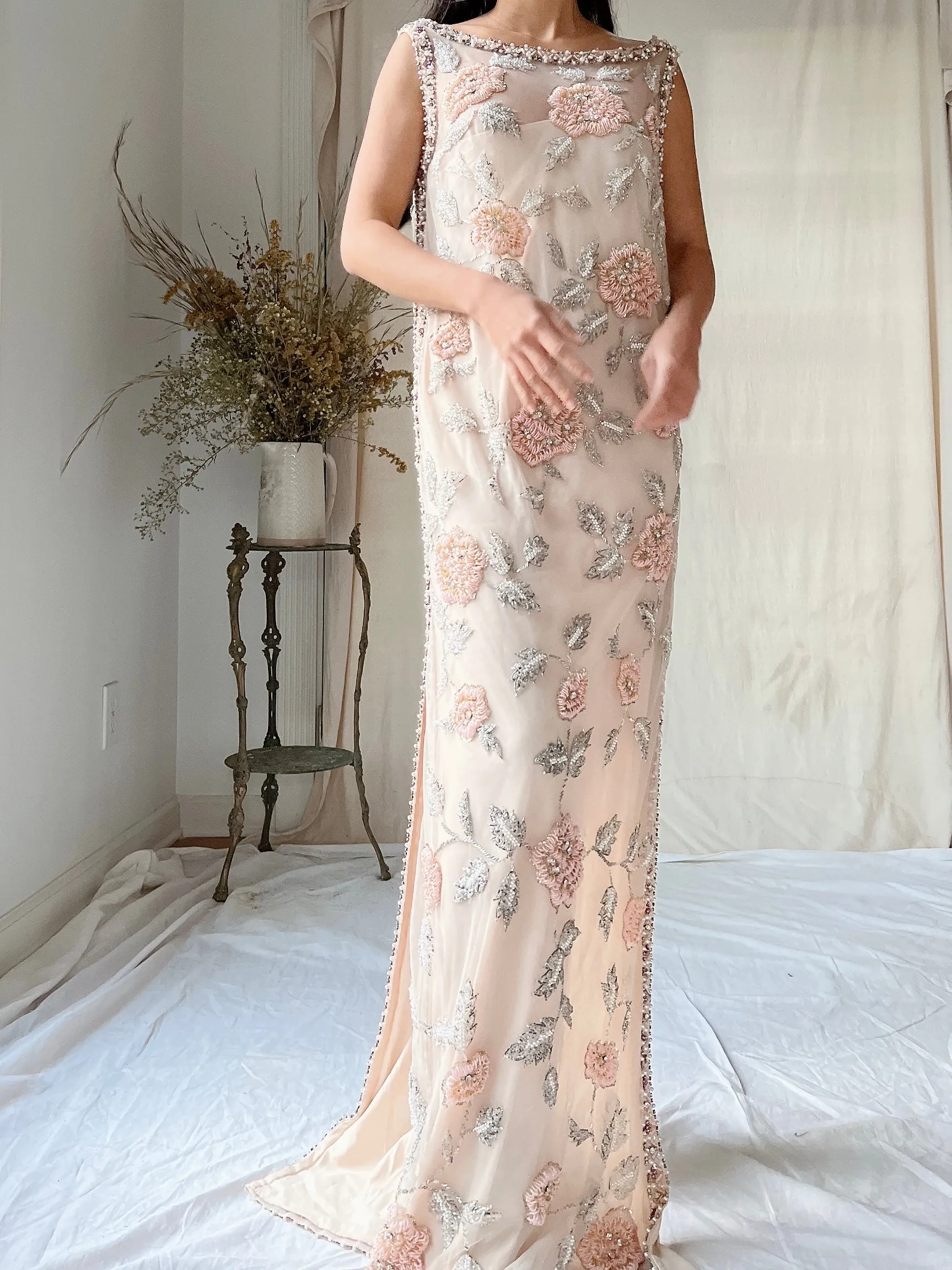 1960s Hand Beaded Tulle Dress - S/M