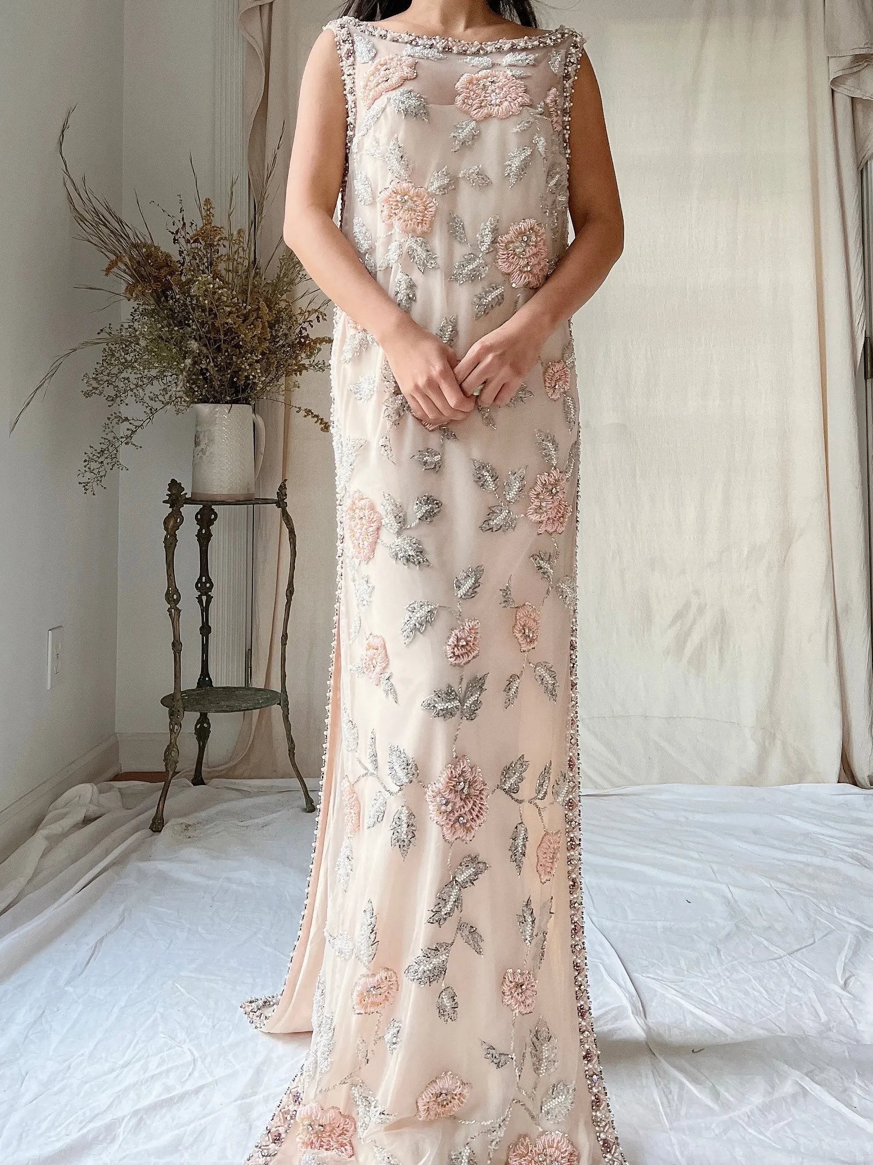 1960s Hand Beaded Tulle Dress - S/M