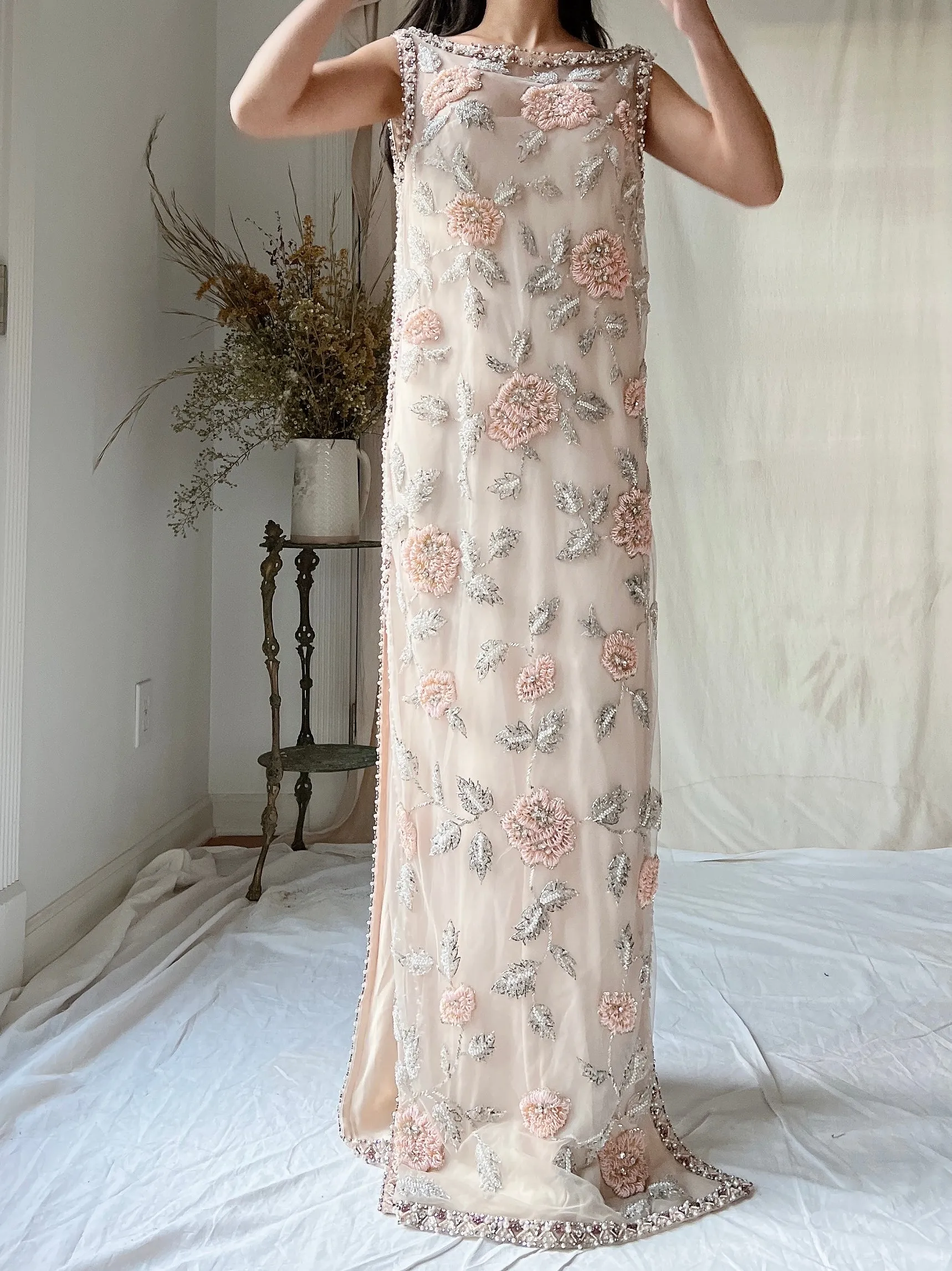1960s Hand Beaded Tulle Dress - S/M