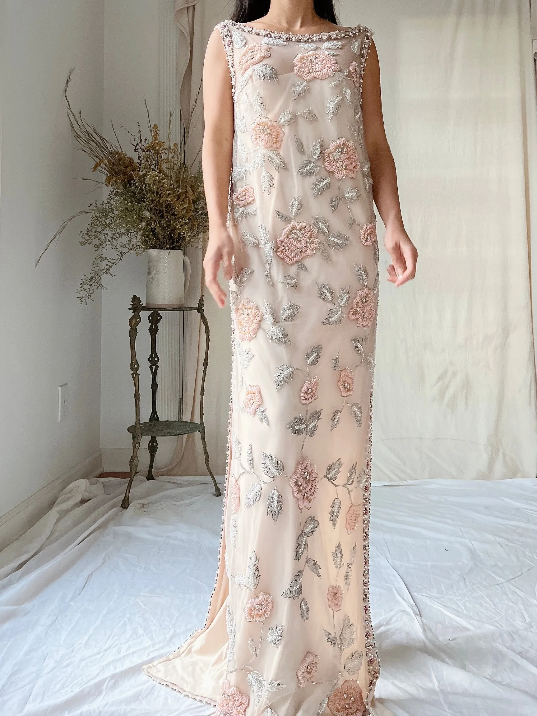 1960s Hand Beaded Tulle Dress - S/M