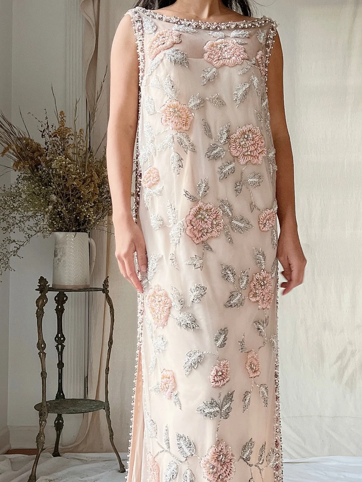 1960s Hand Beaded Tulle Dress - S/M