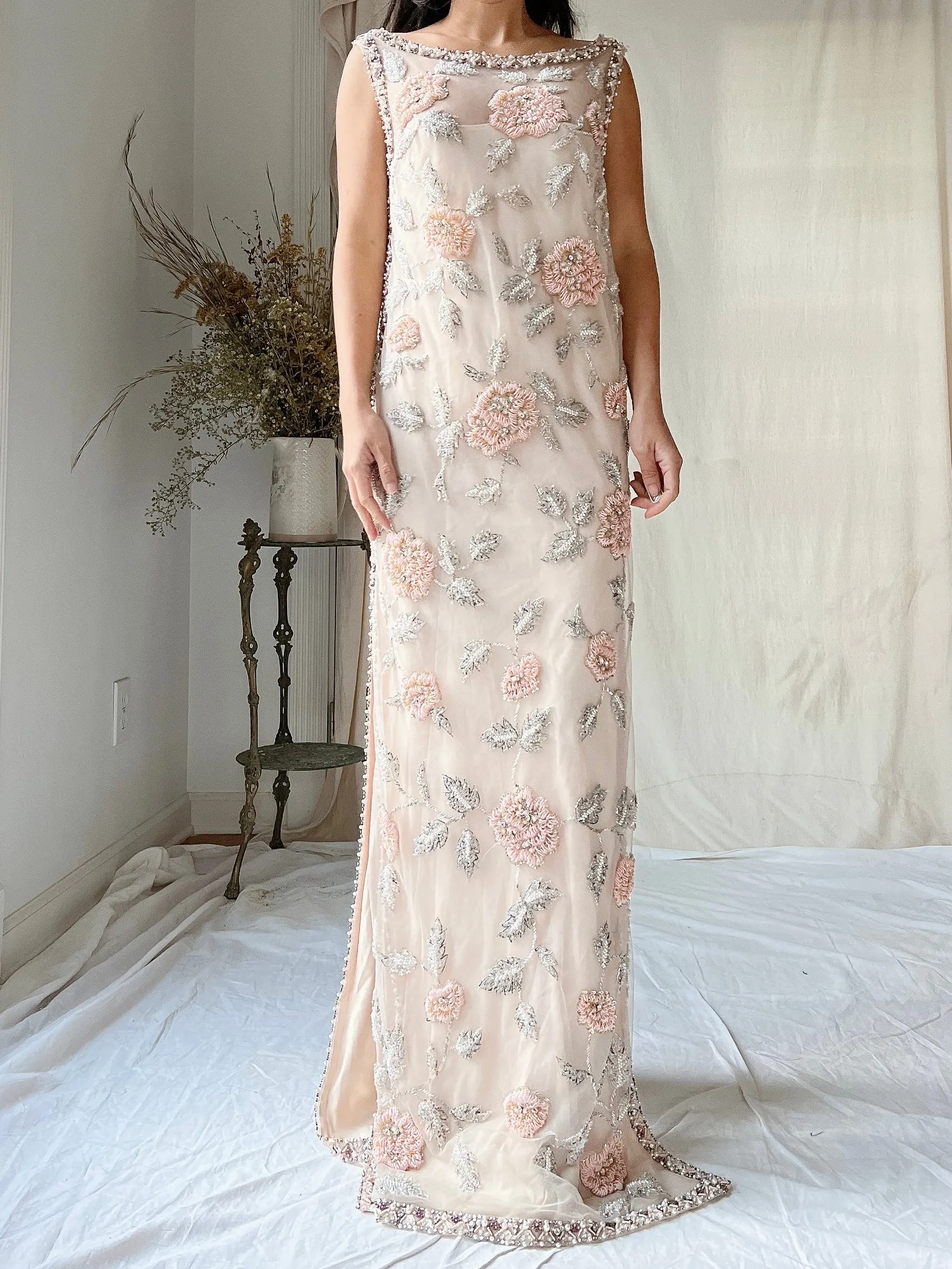 1960s Hand Beaded Tulle Dress - S/M