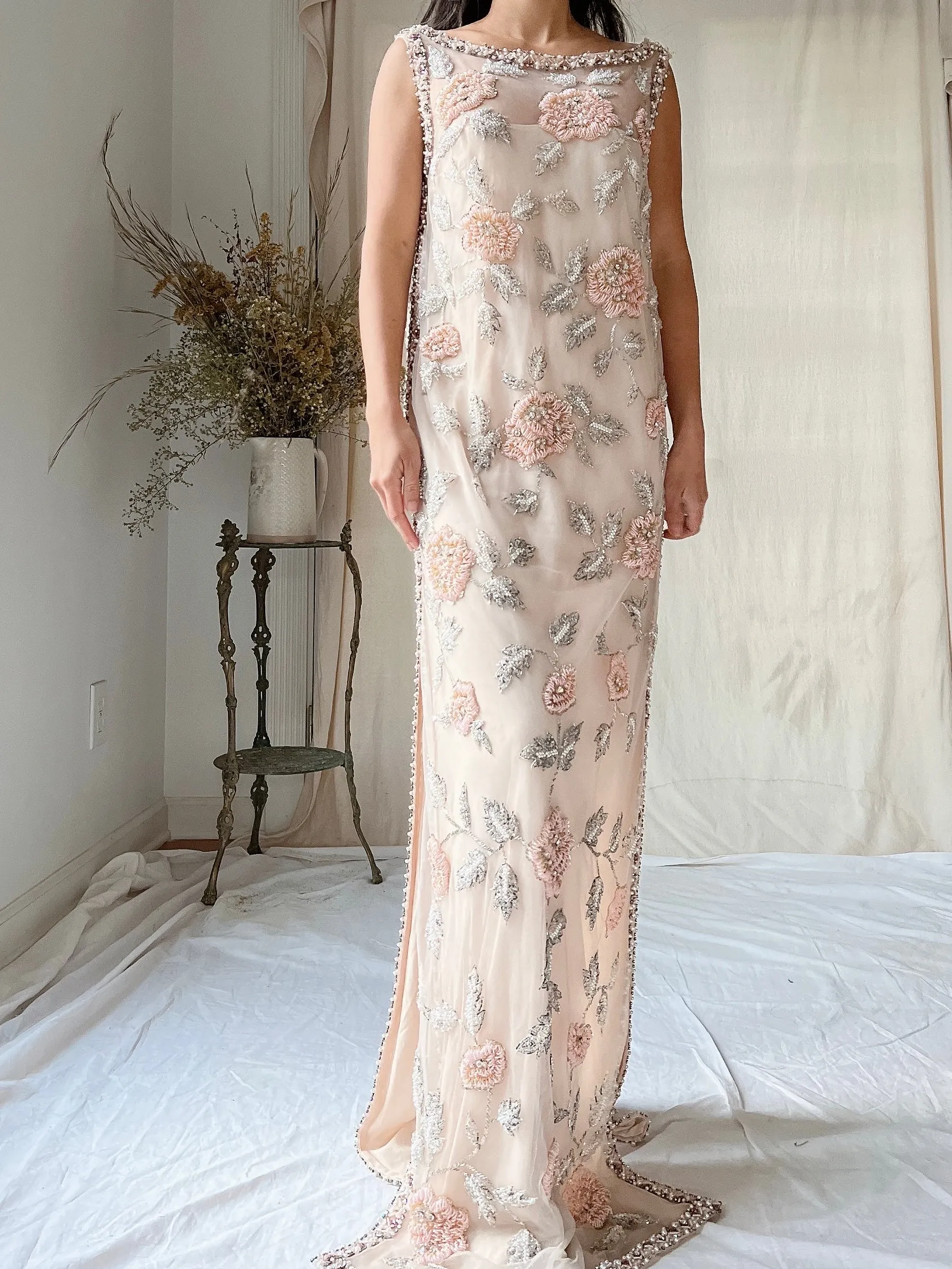 1960s Hand Beaded Tulle Dress - S/M