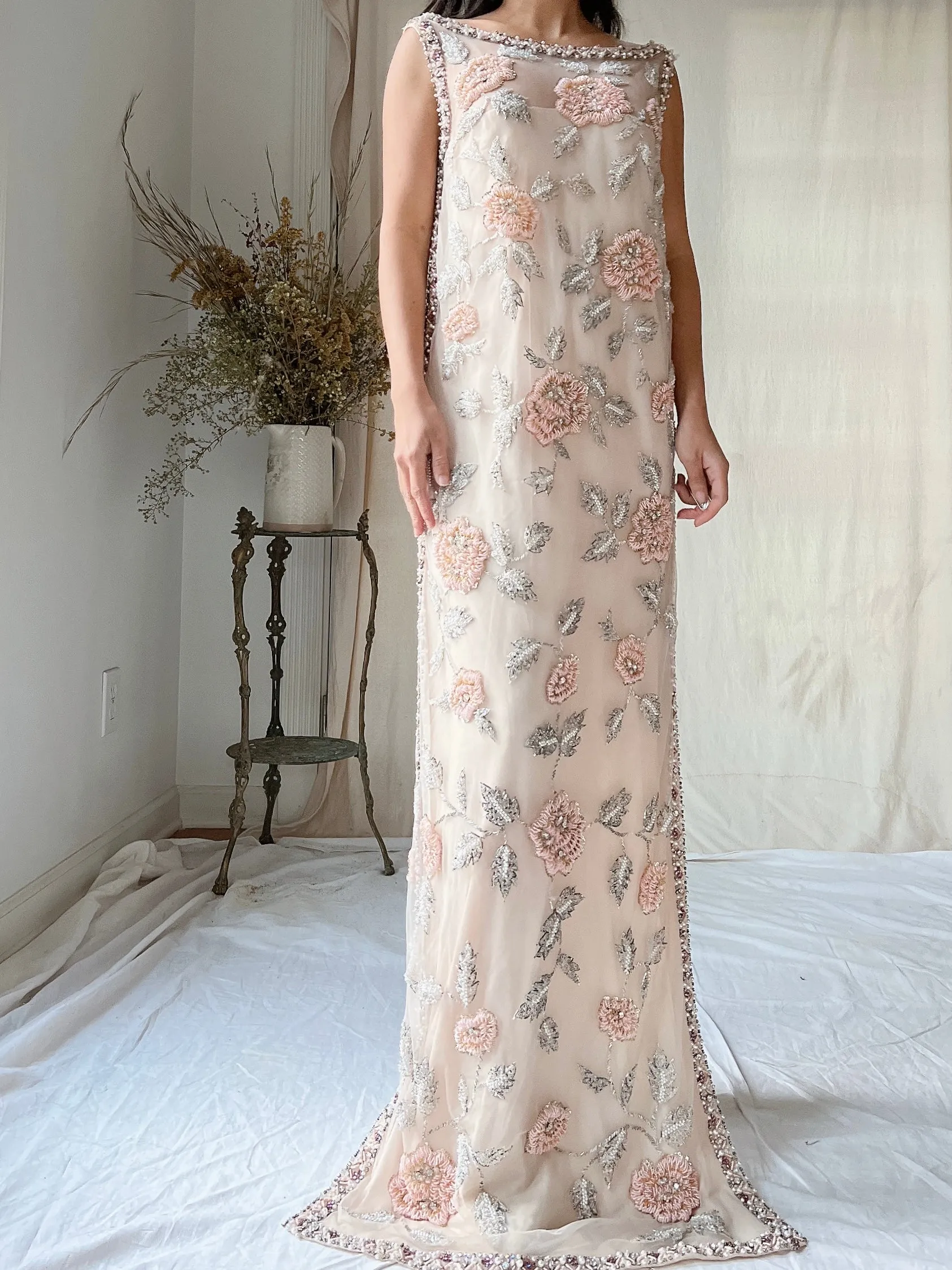 1960s Hand Beaded Tulle Dress - S/M