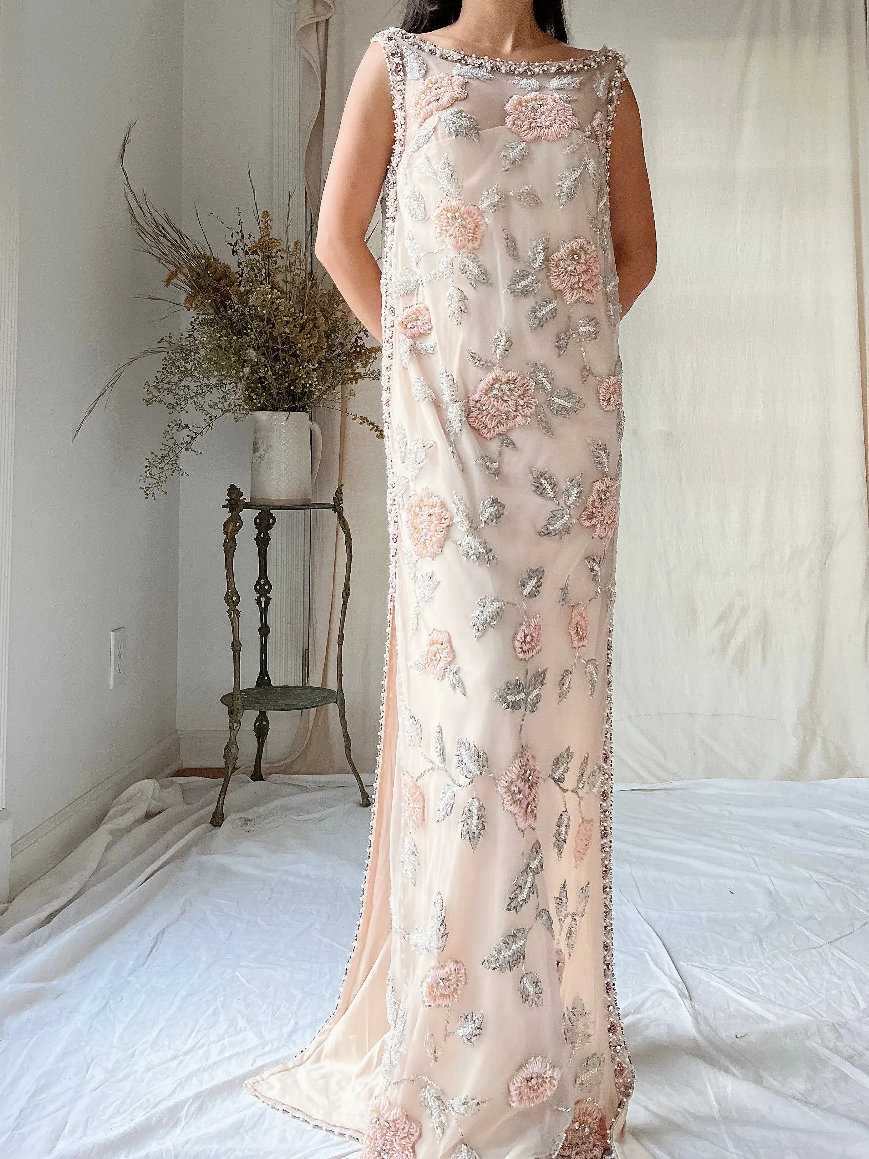 1960s Hand Beaded Tulle Dress - S/M