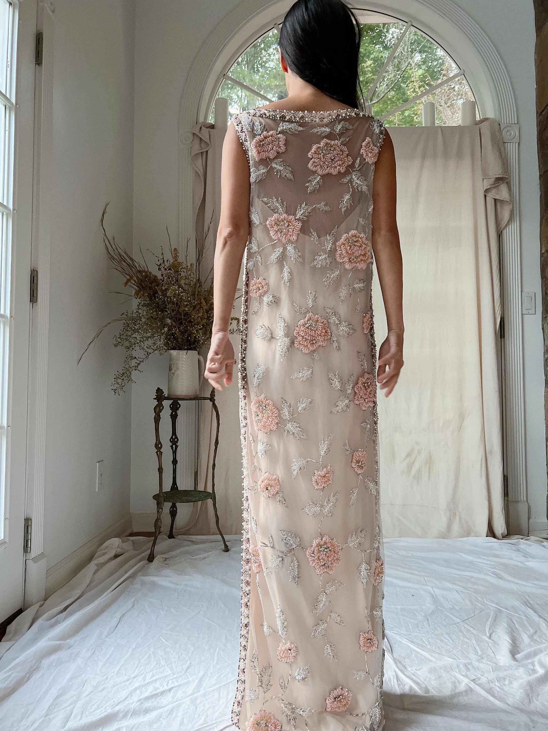 1960s Hand Beaded Tulle Dress - S/M