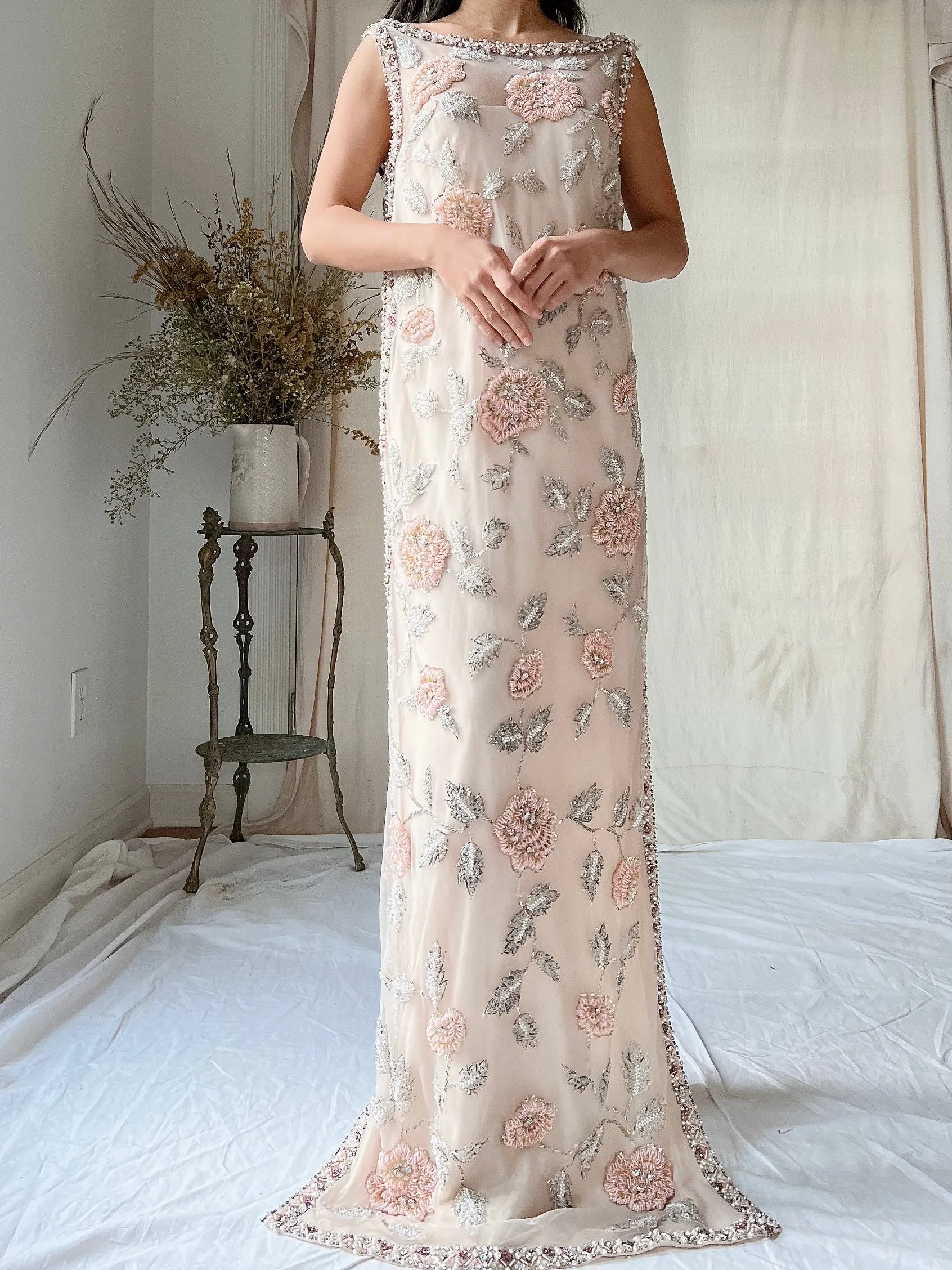 1960s Hand Beaded Tulle Dress - S/M
