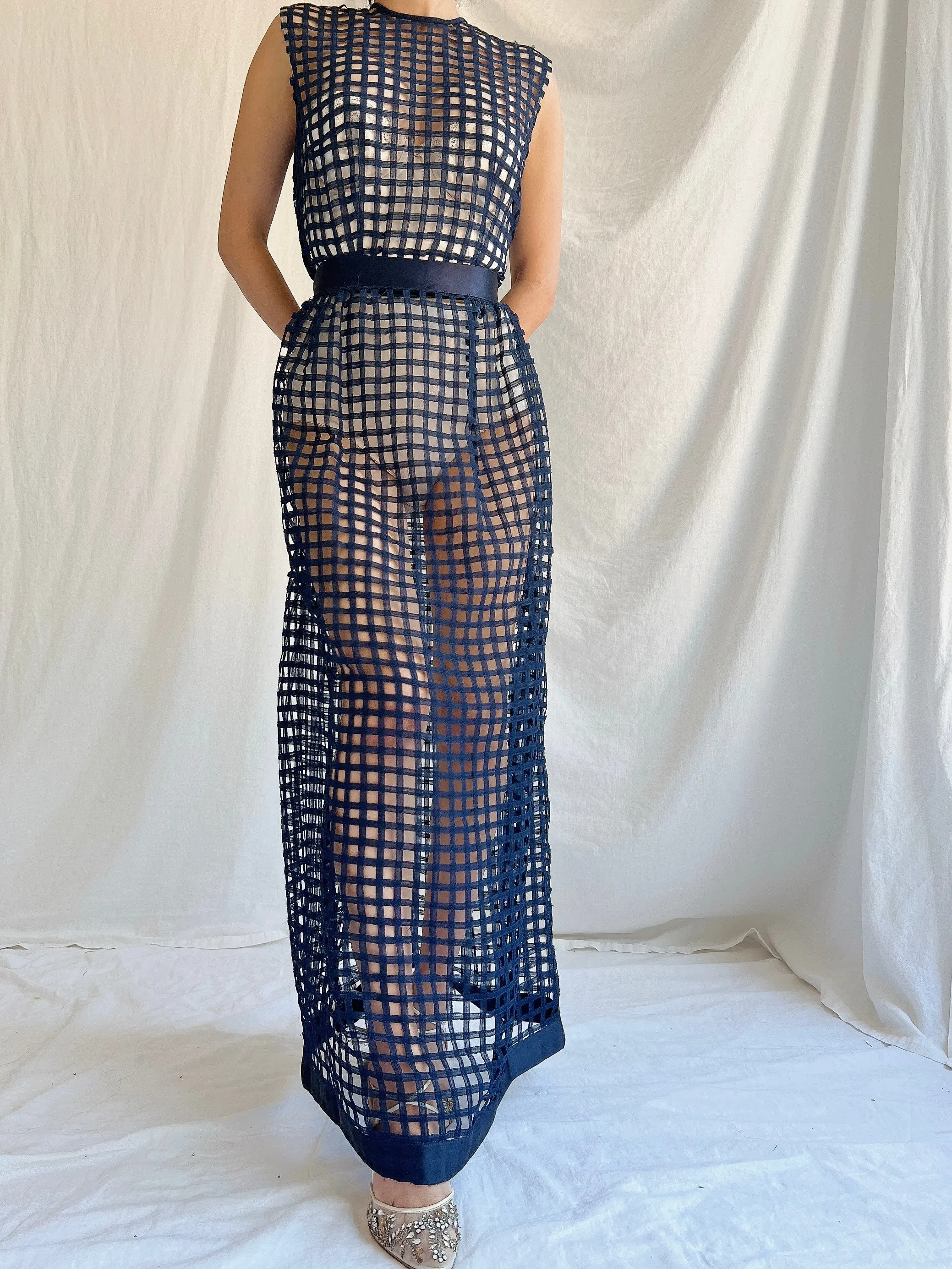 1960s Navy Blue Silk Woven Dress - S/M