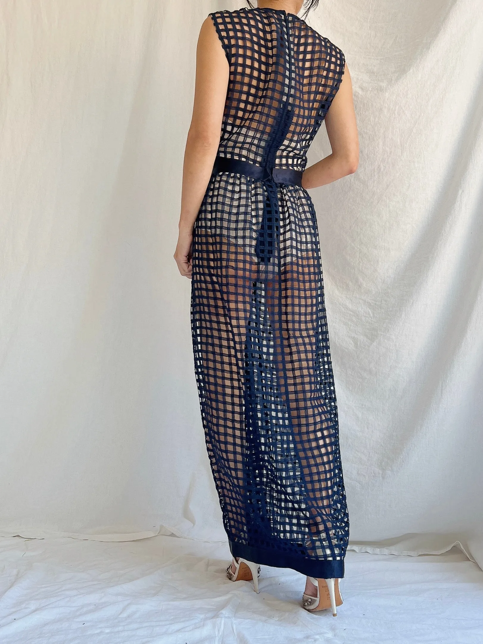 1960s Navy Blue Silk Woven Dress - S/M