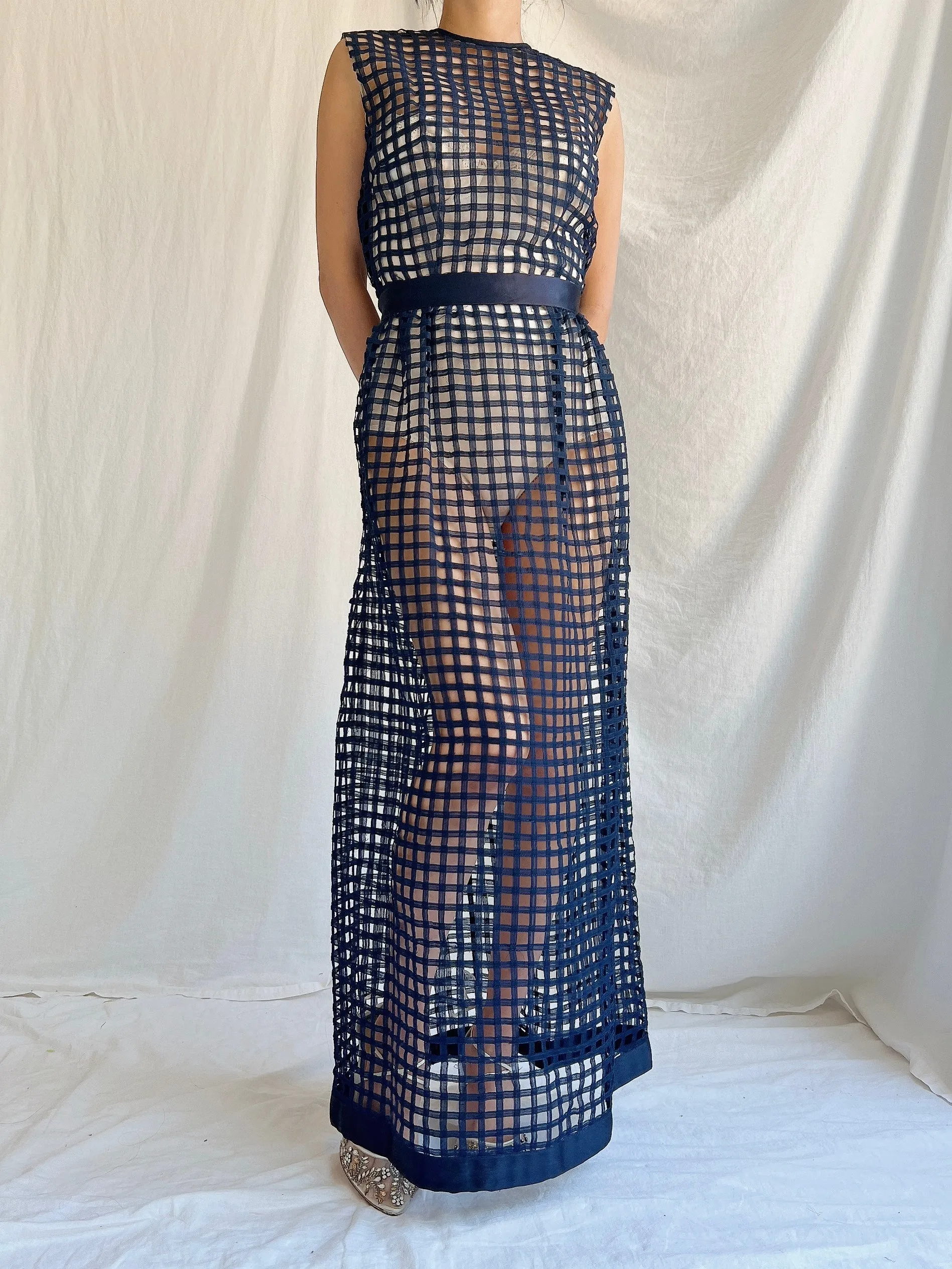 1960s Navy Blue Silk Woven Dress - S/M