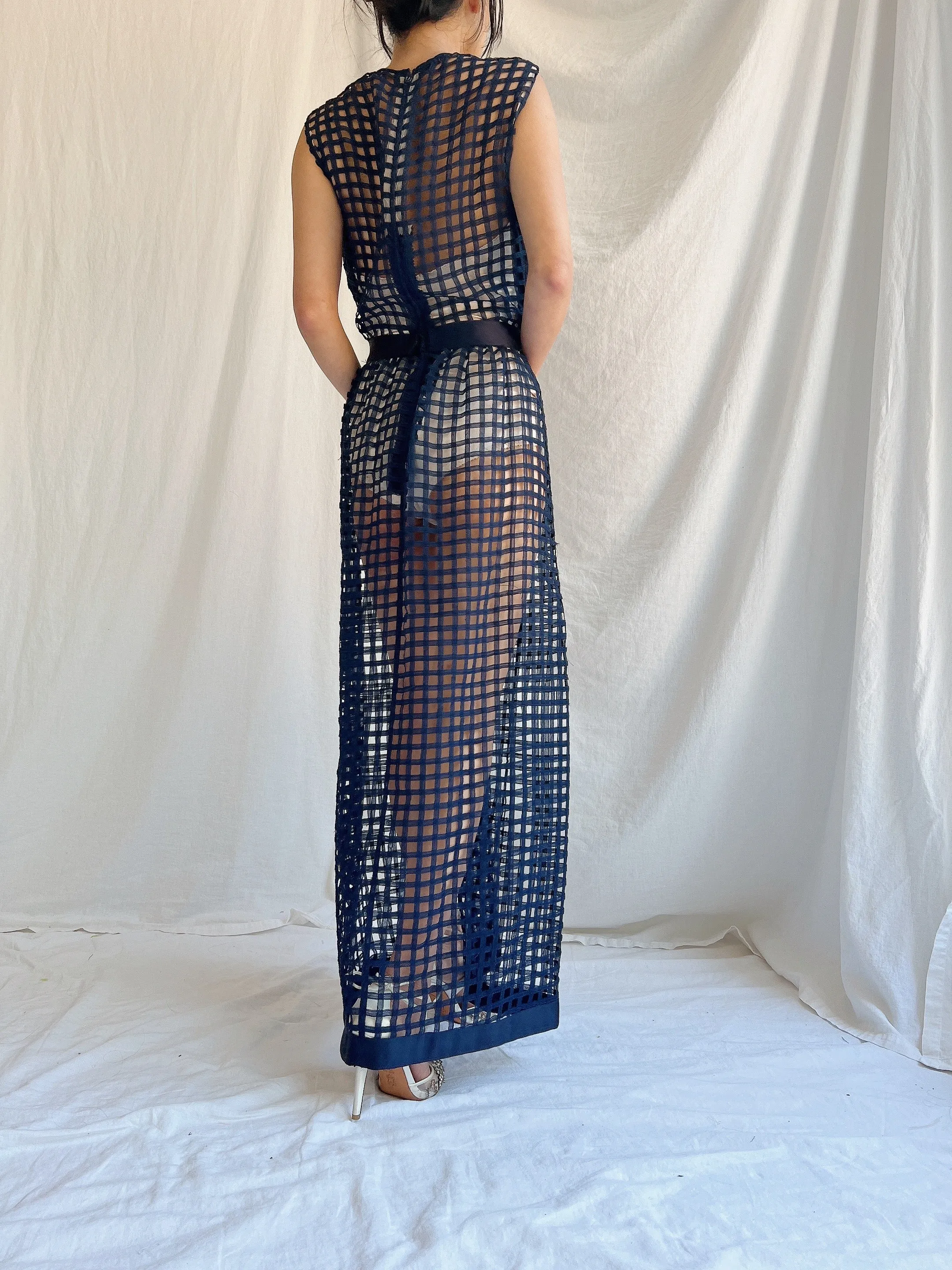 1960s Navy Blue Silk Woven Dress - S/M