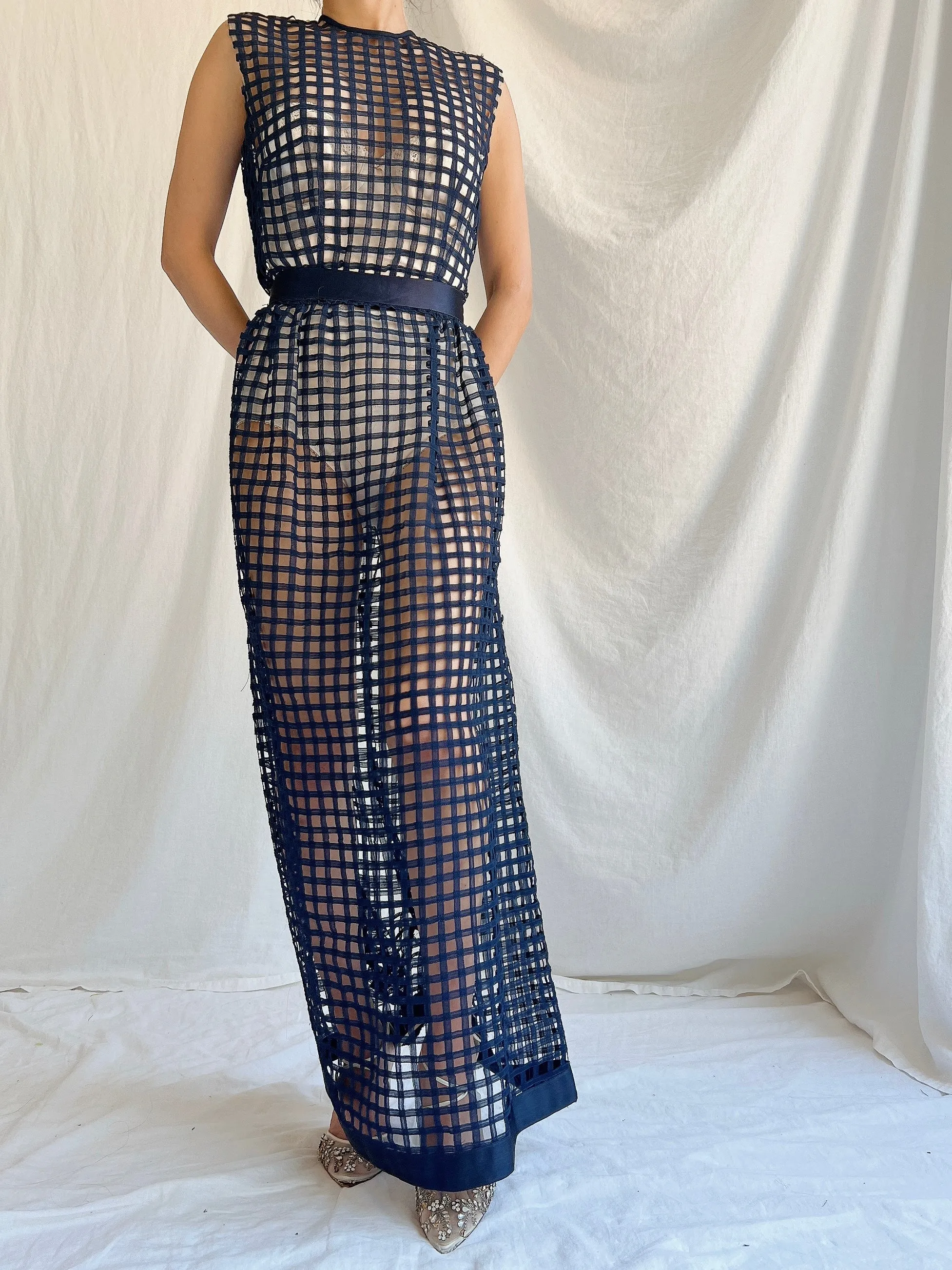 1960s Navy Blue Silk Woven Dress - S/M