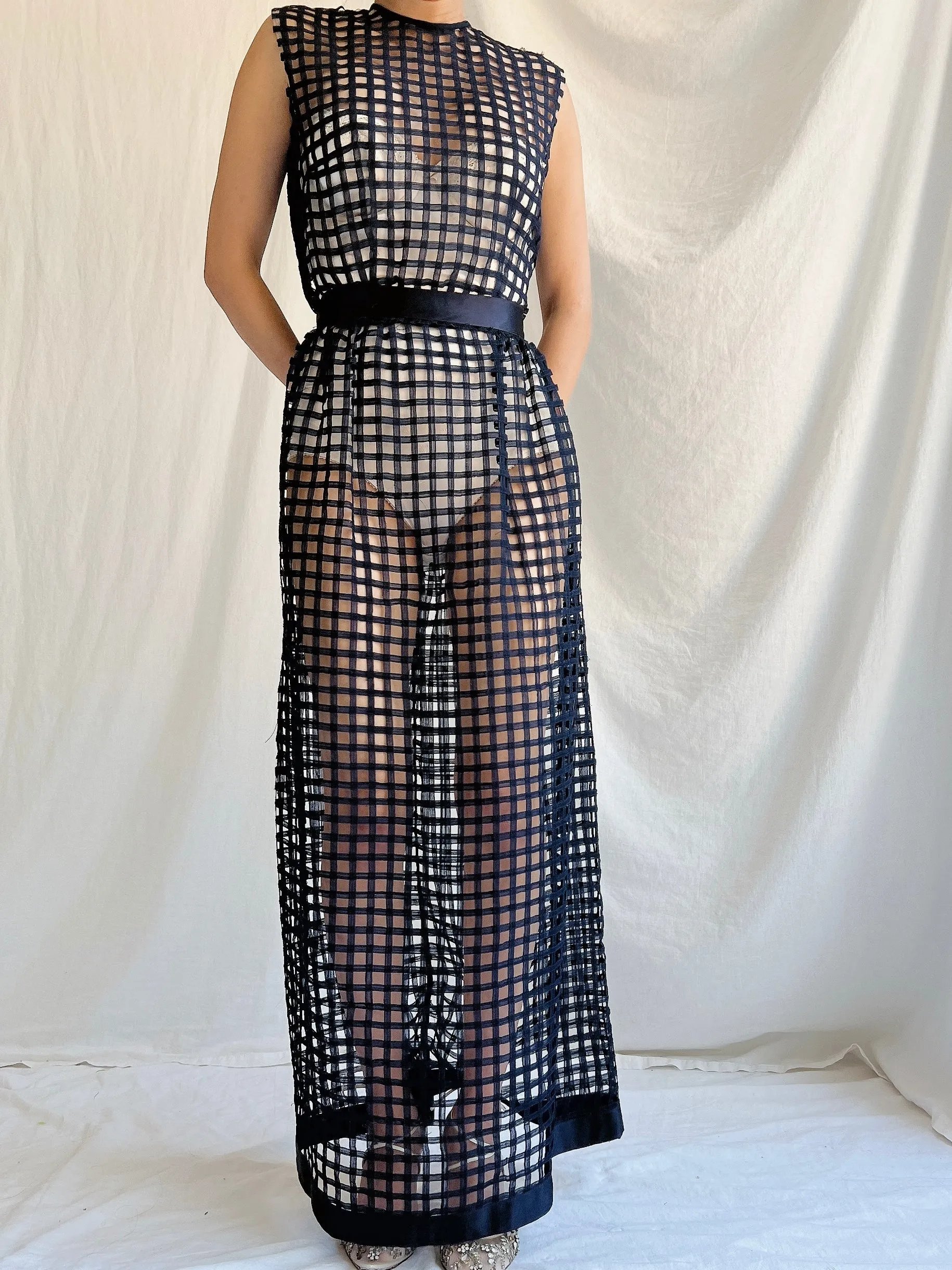 1960s Navy Blue Silk Woven Dress - S/M