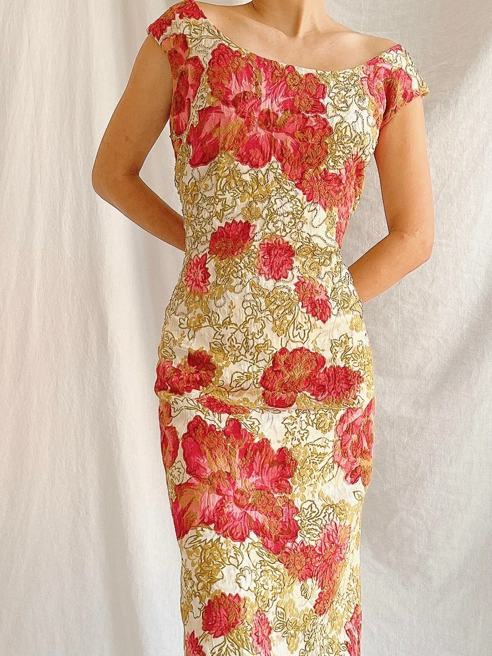 1960s Peony Brocade Wiggle Dress - M
