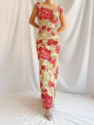 1960s Peony Brocade Wiggle Dress - M