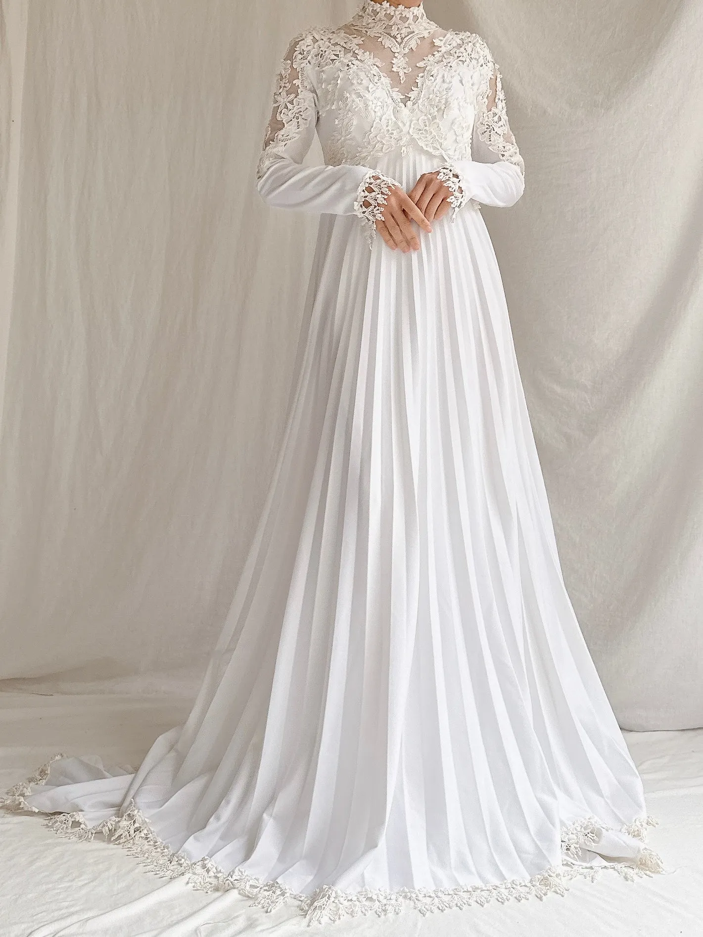 1970s Jersey Pleated Embroidered Gown - S