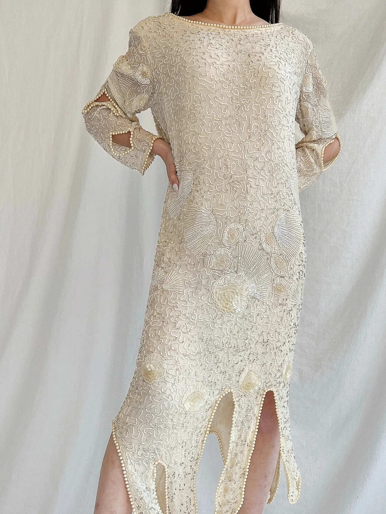 1970s Silk Beaded Dress - M