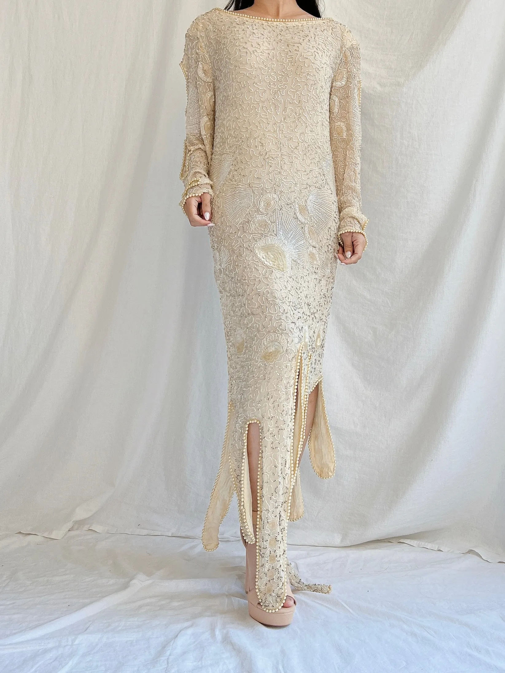 1970s Silk Beaded Dress - M