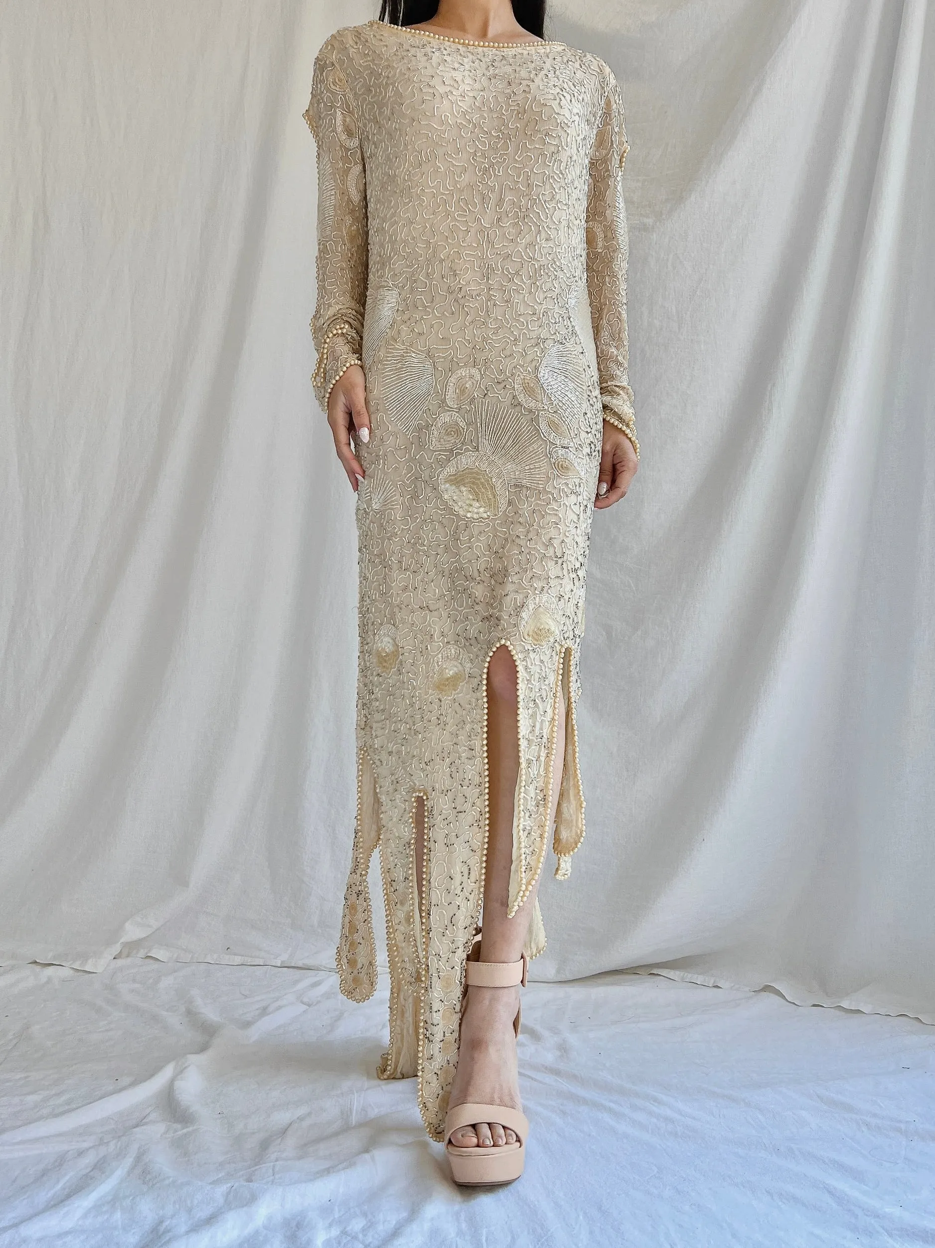 1970s Silk Beaded Dress - M