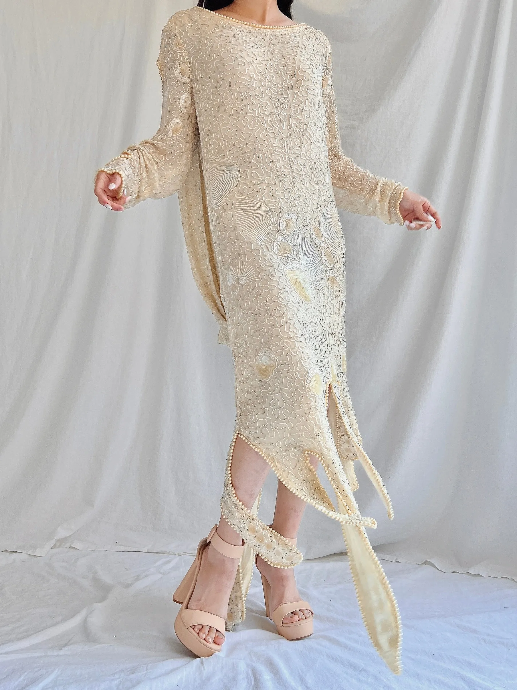 1970s Silk Beaded Dress - M