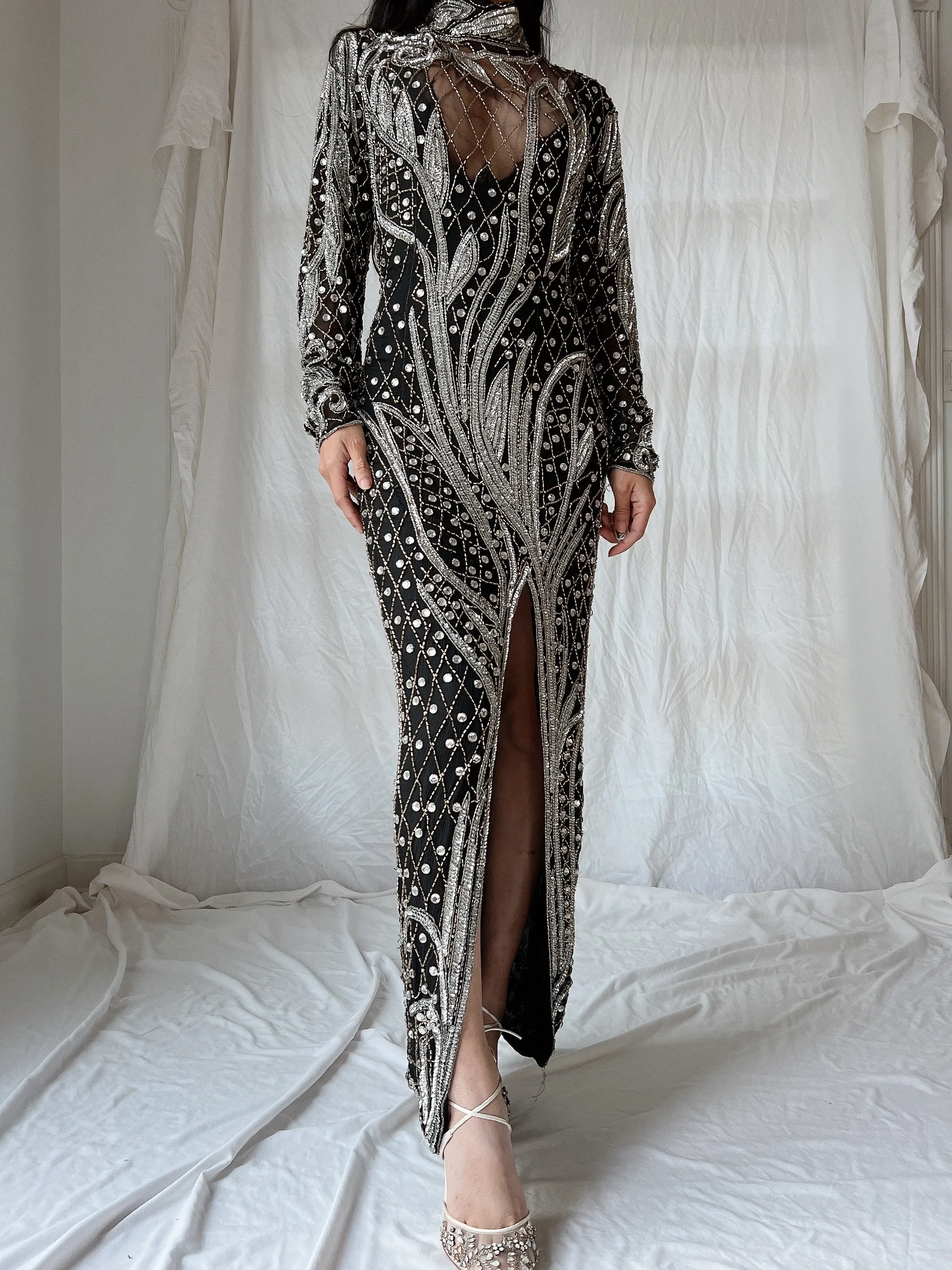 1980s Crystal Beaded Silk Gown - S/M