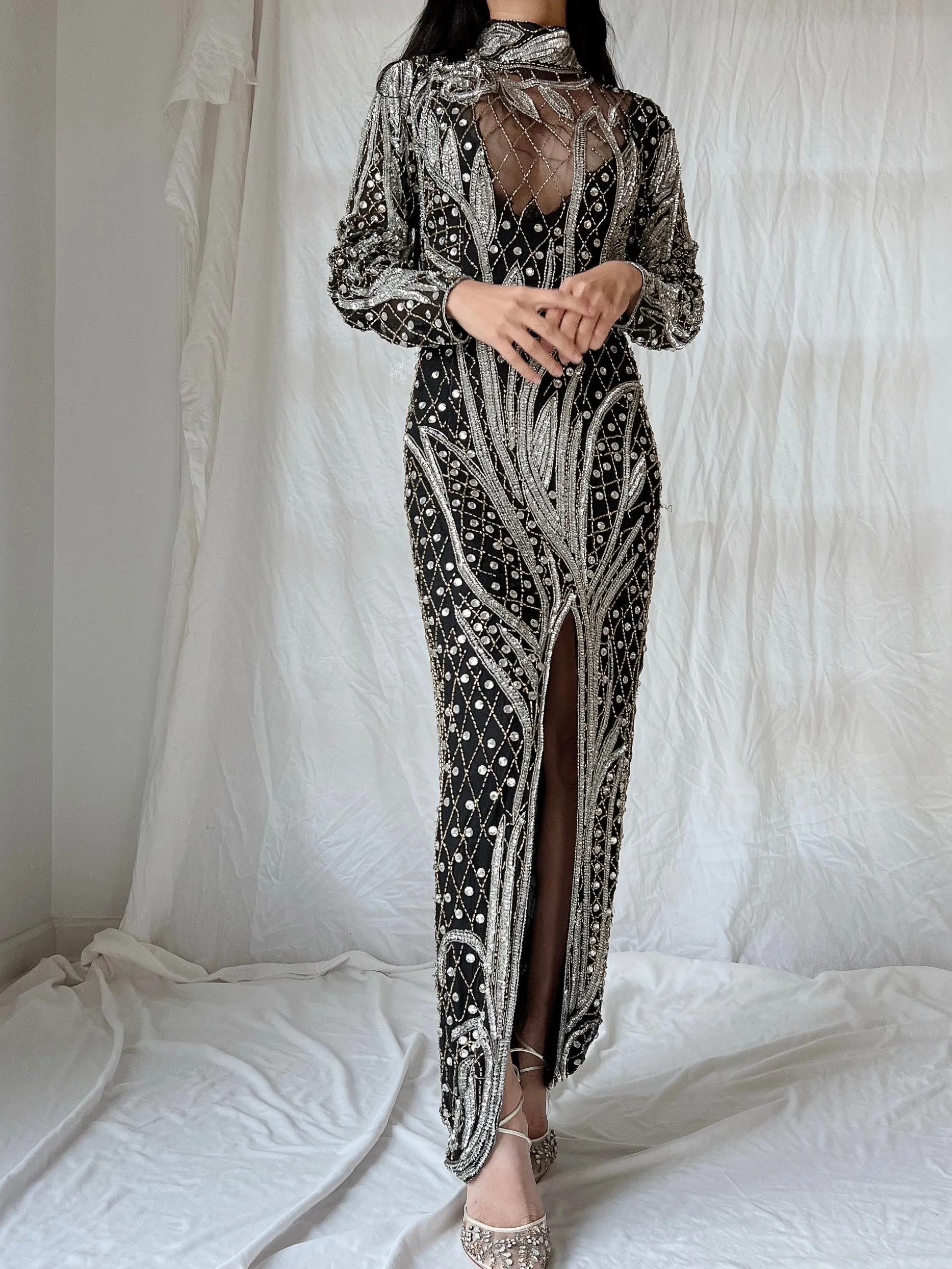 1980s Crystal Beaded Silk Gown - S/M