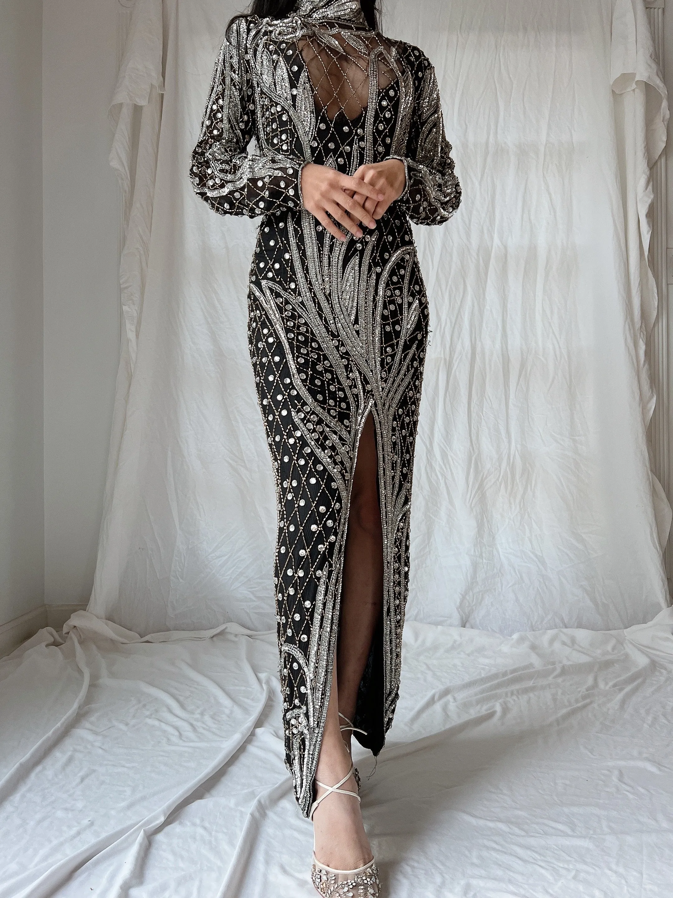 1980s Crystal Beaded Silk Gown - S/M