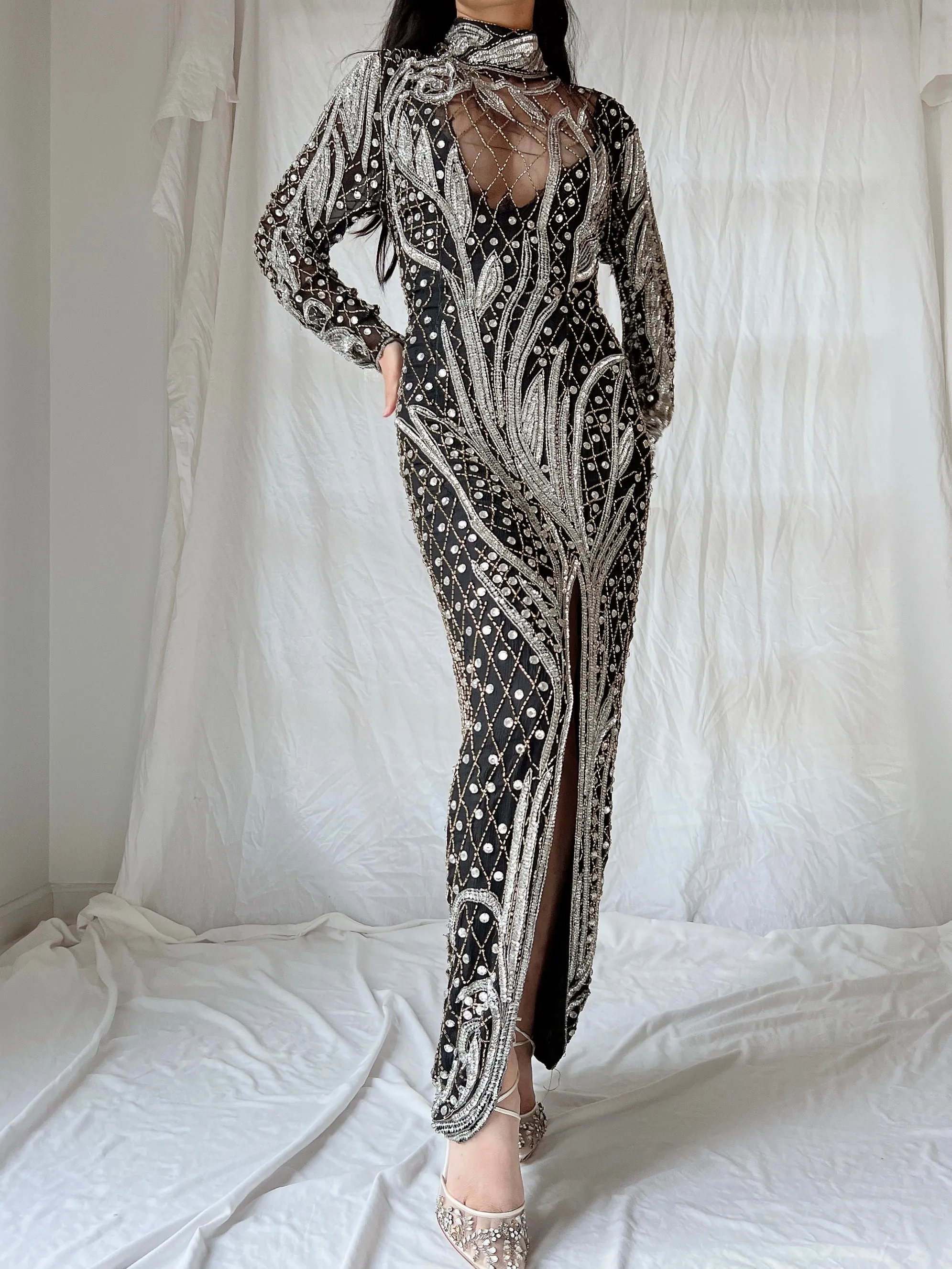 1980s Crystal Beaded Silk Gown - S/M