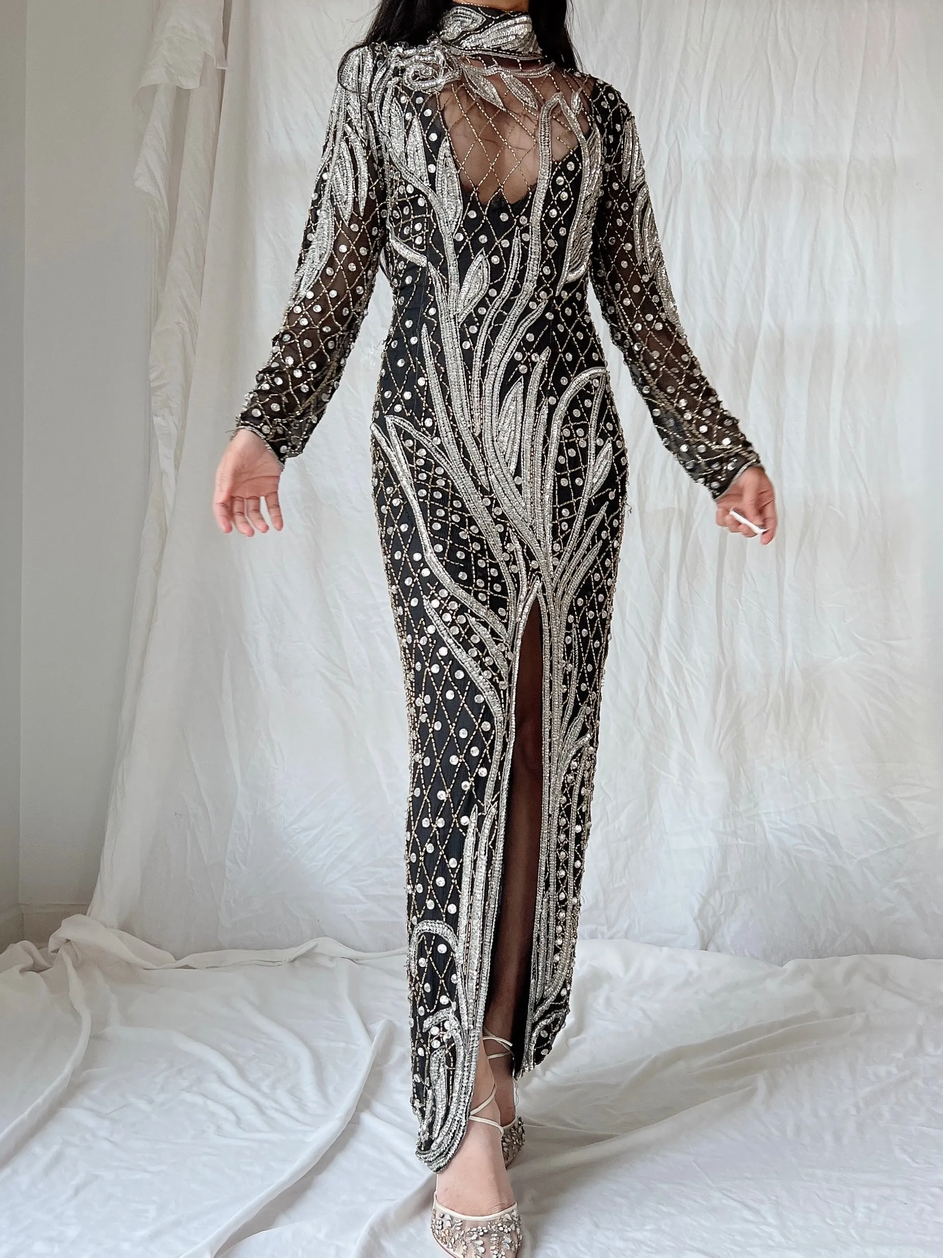 1980s Crystal Beaded Silk Gown - S/M