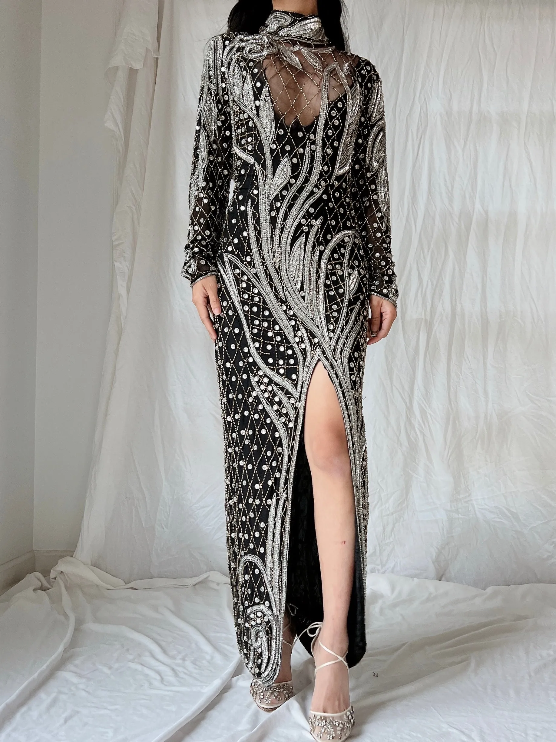 1980s Crystal Beaded Silk Gown - S/M