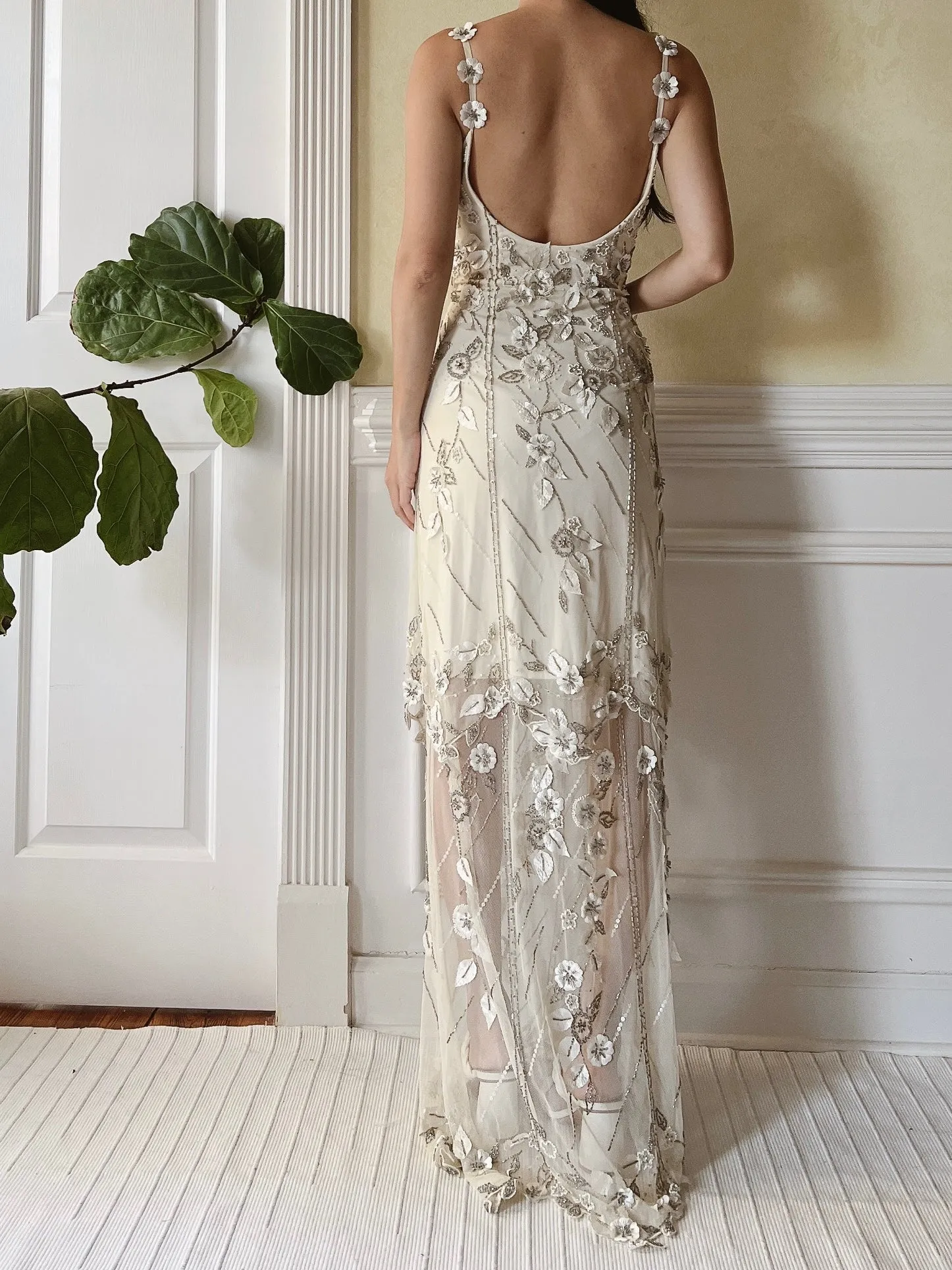 1980s Tulle Beaded Silk Flower Applique Dress - S