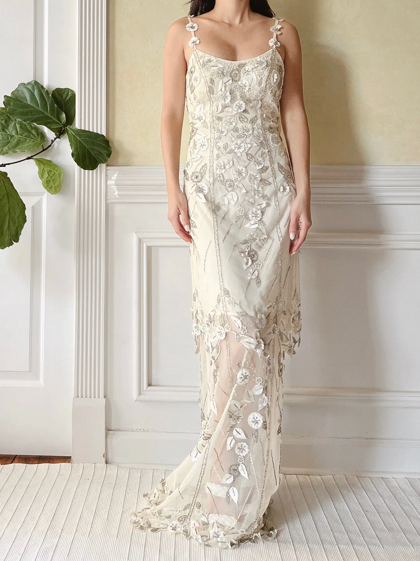 1980s Tulle Beaded Silk Flower Applique Dress - S