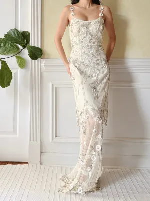 1980s Tulle Beaded Silk Flower Applique Dress - S