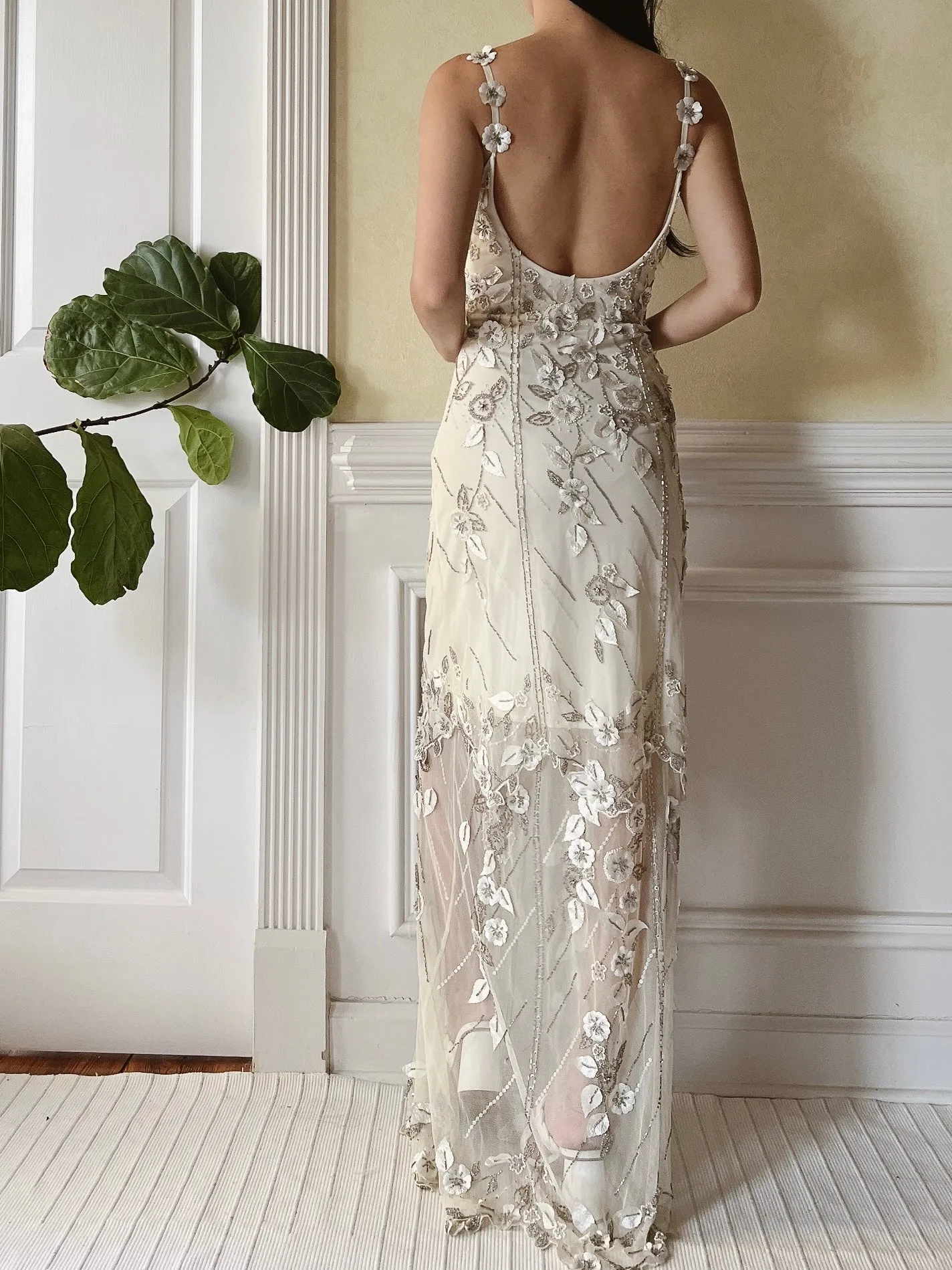 1980s Tulle Beaded Silk Flower Applique Dress - S