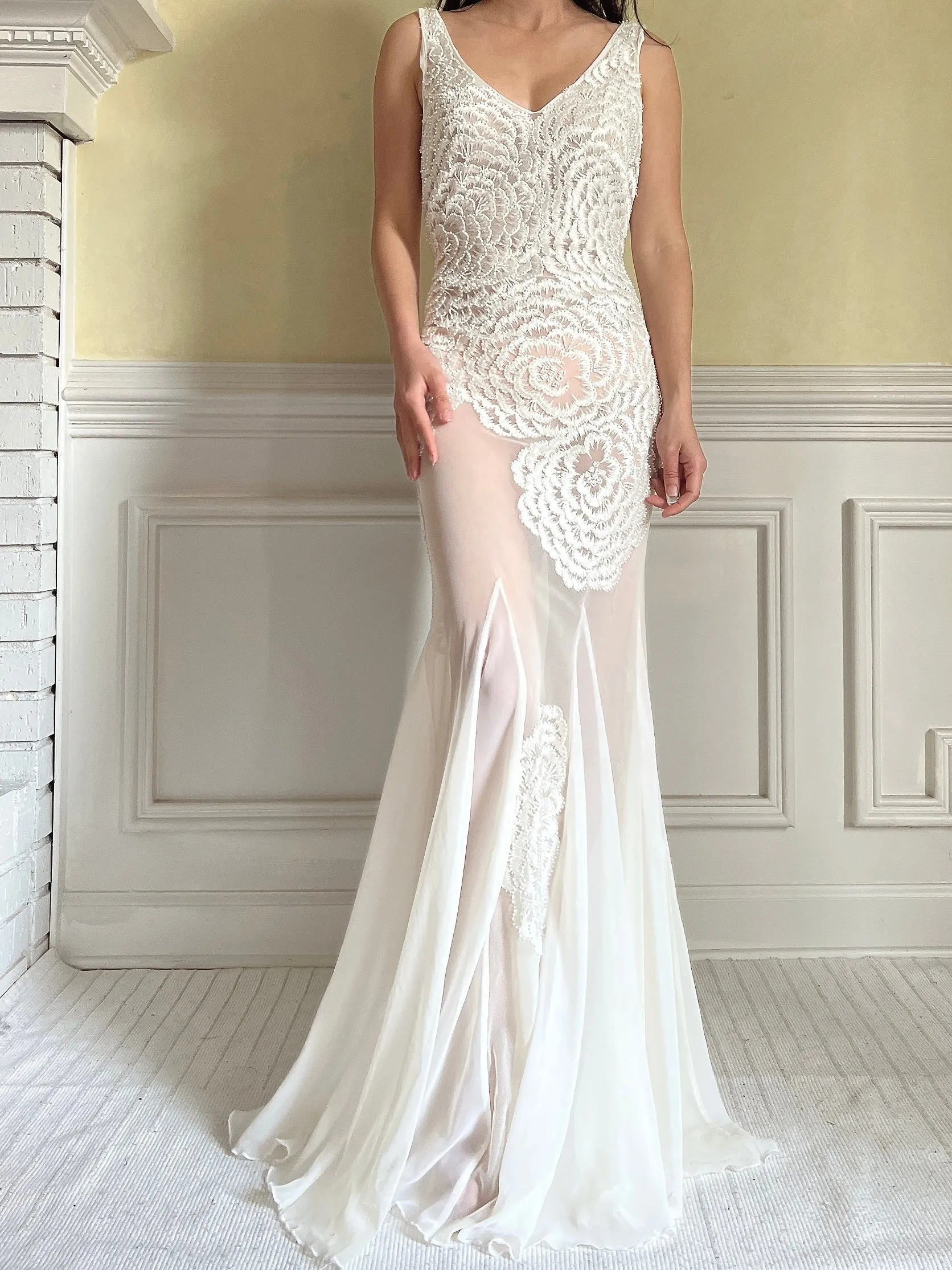 1990s Embroidered Chiffon Beaded Gown - S/4