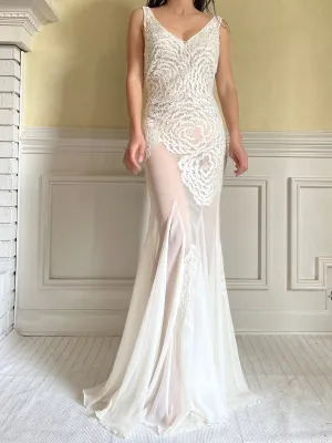 1990s Embroidered Chiffon Beaded Gown - S/4