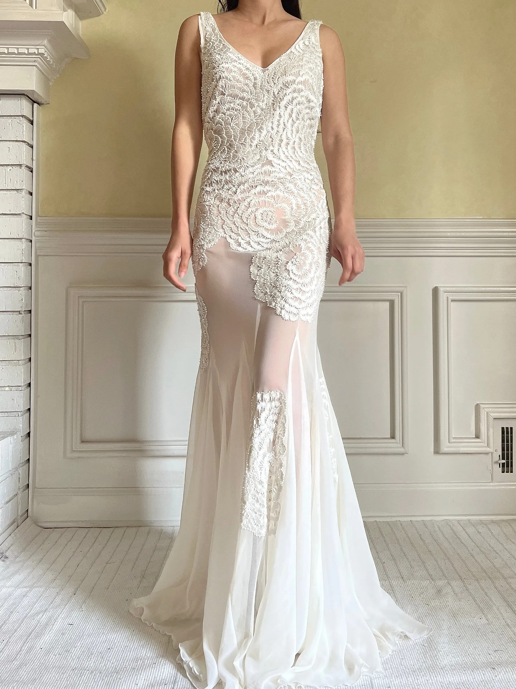 1990s Embroidered Chiffon Beaded Gown - S/4