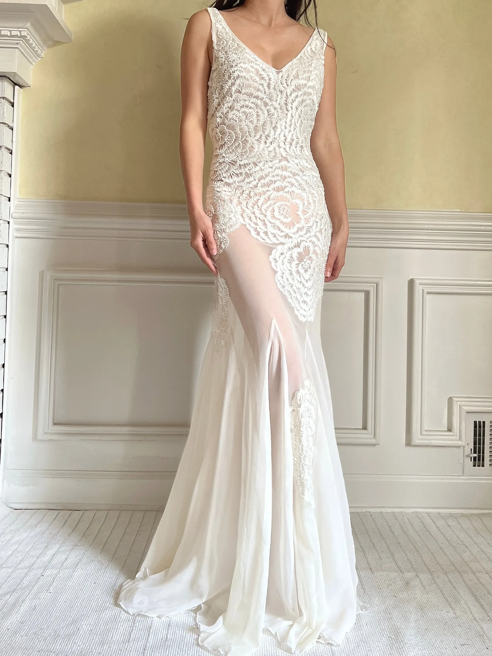 1990s Embroidered Chiffon Beaded Gown - S/4