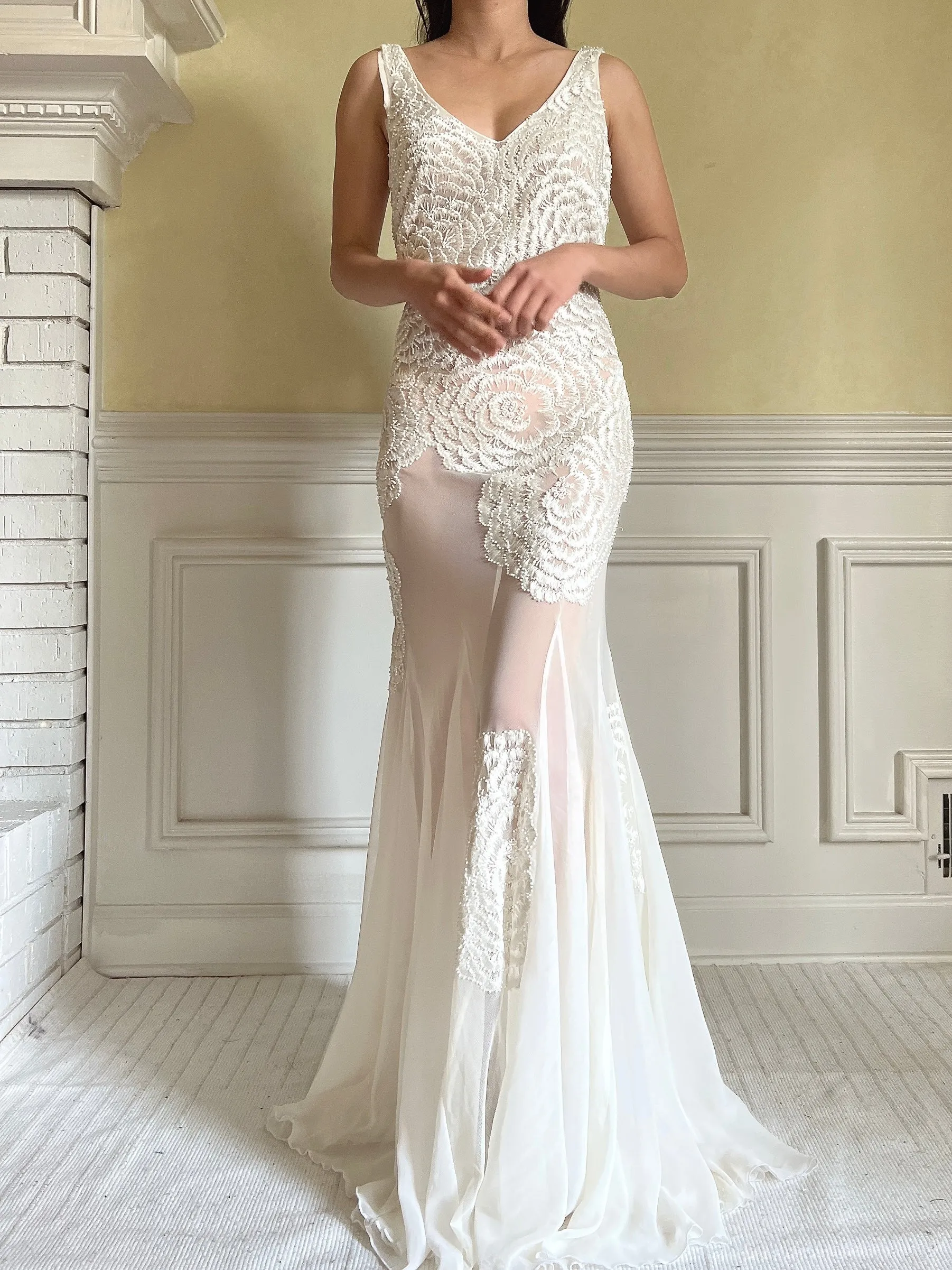 1990s Embroidered Chiffon Beaded Gown - S/4