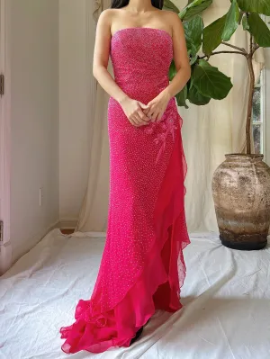 1990s Silk Strapless Beaded Gown - S