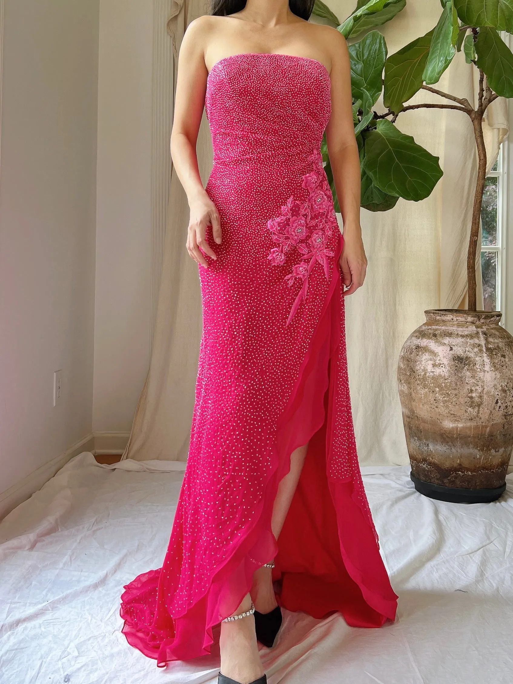 1990s Silk Strapless Beaded Gown - S