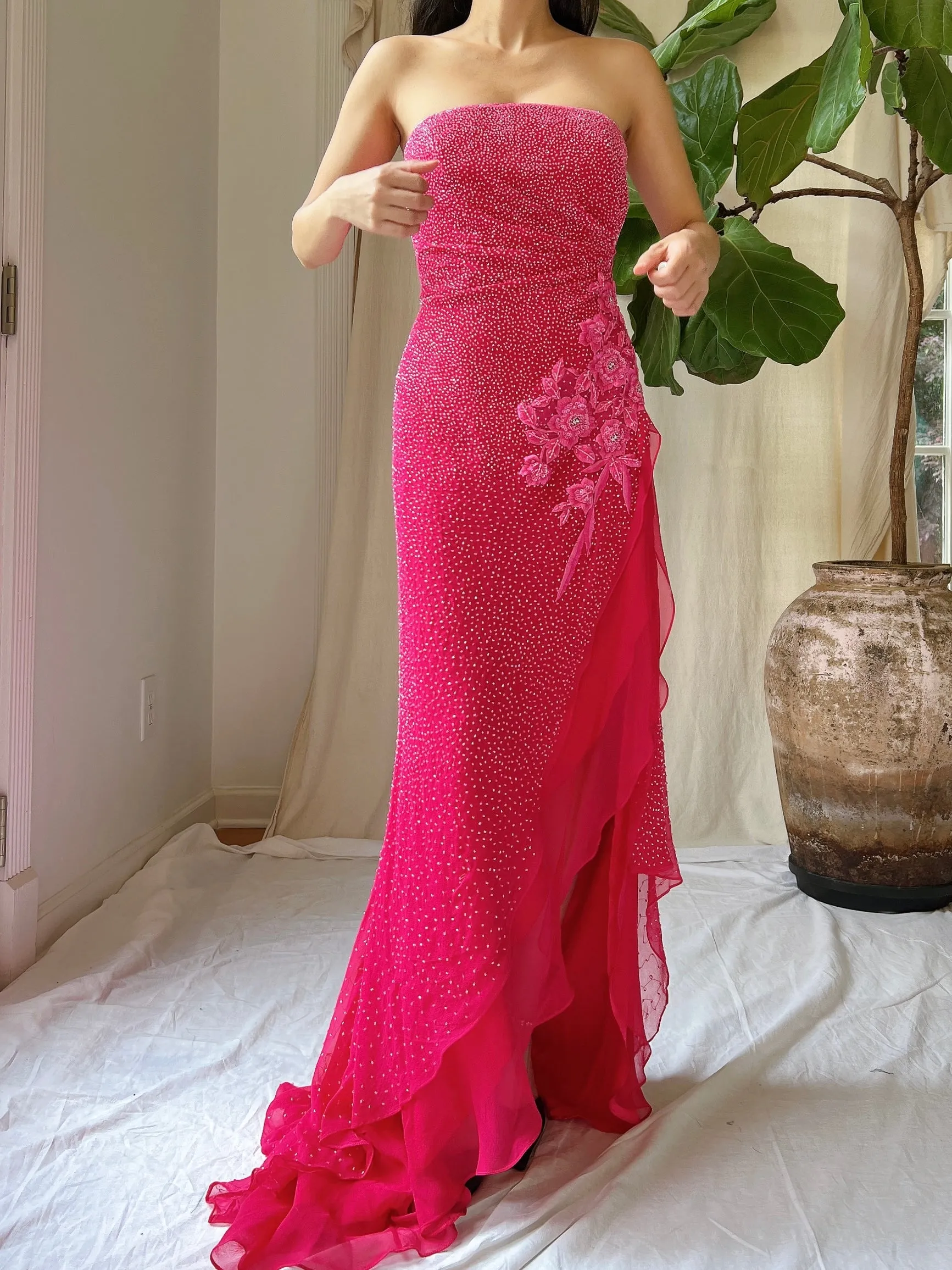 1990s Silk Strapless Beaded Gown - S